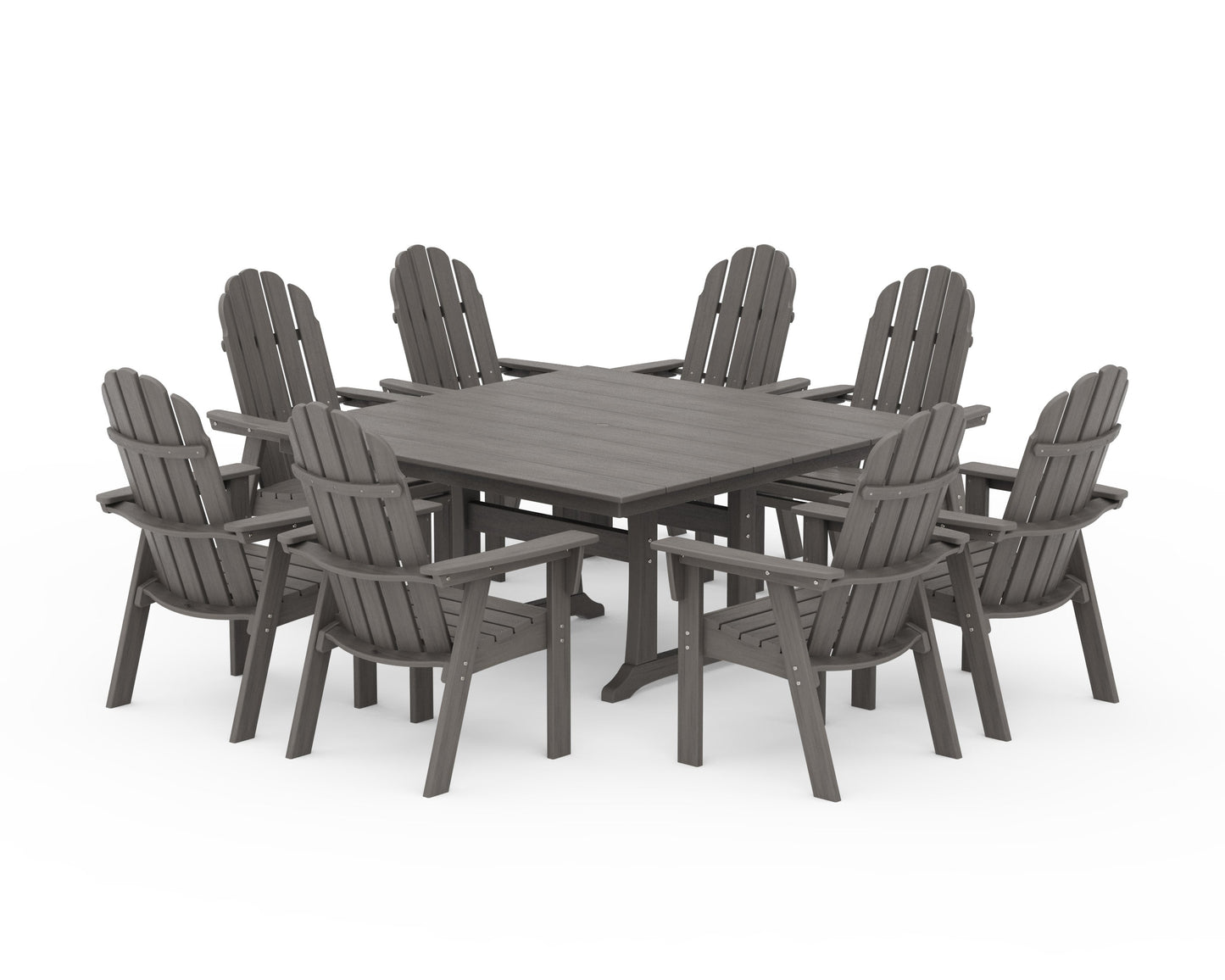 POLYWOOD Vineyard Curveback Adirondack 9-Piece Square Farmhouse Dining Set with Trestle Legs — Driftwood