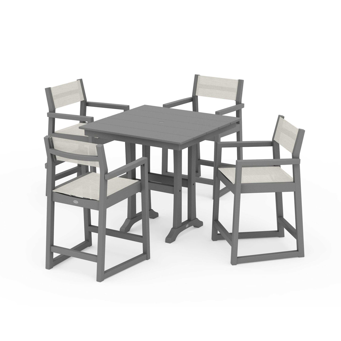 POLYWOOD EDGE Sling Arm Chair 5-Piece Farmhouse Counter Set with Trestle Legs — Slate Grey / Parchment Sling