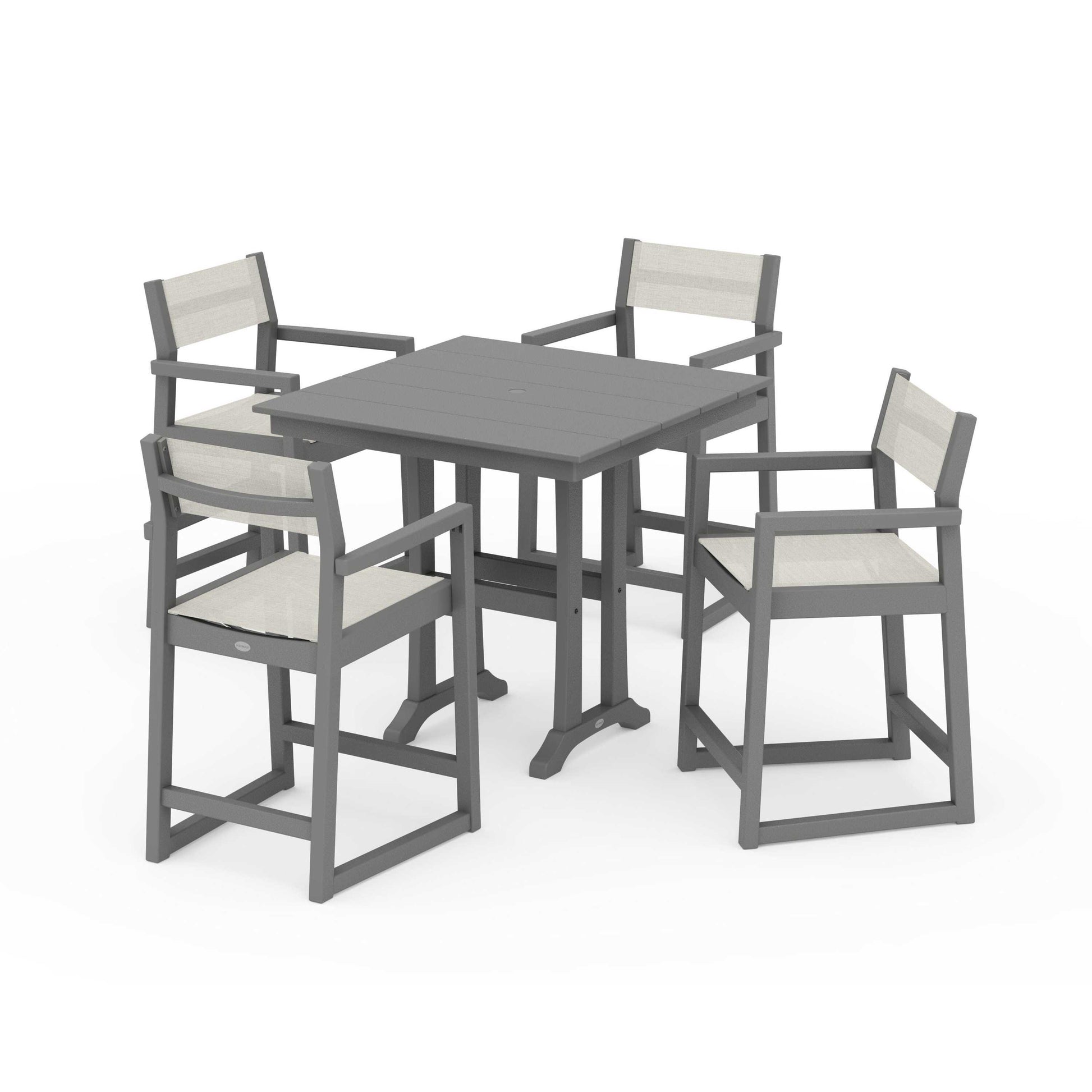 POLYWOOD EDGE Sling Arm Chair 5-Piece Farmhouse Counter Set with Trestle Legs — Slate Grey / Parchment Sling