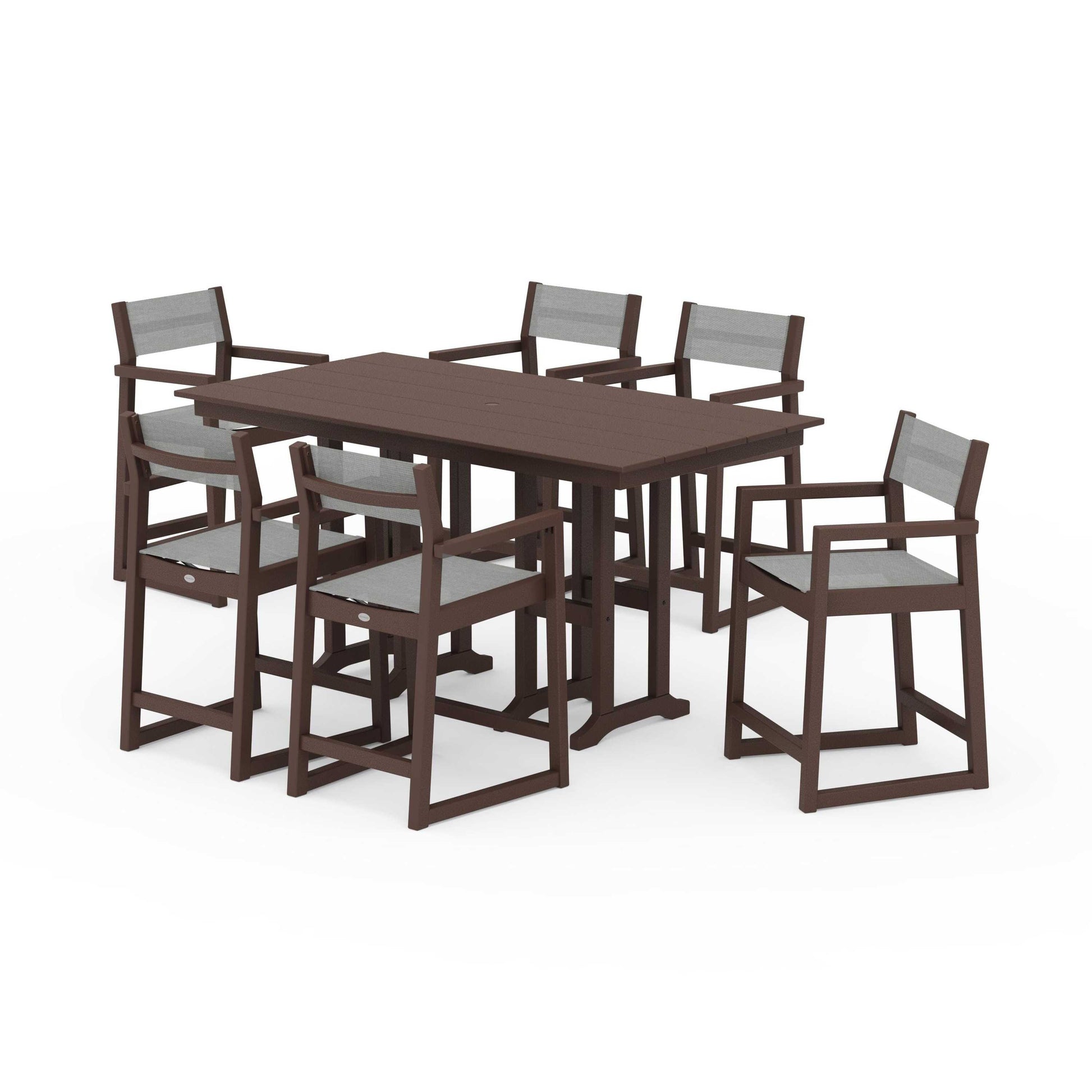 POLYWOOD EDGE Sling Arm Chair 7-Piece Farmhouse Counter Set — Mahogany / Metallic Sling
