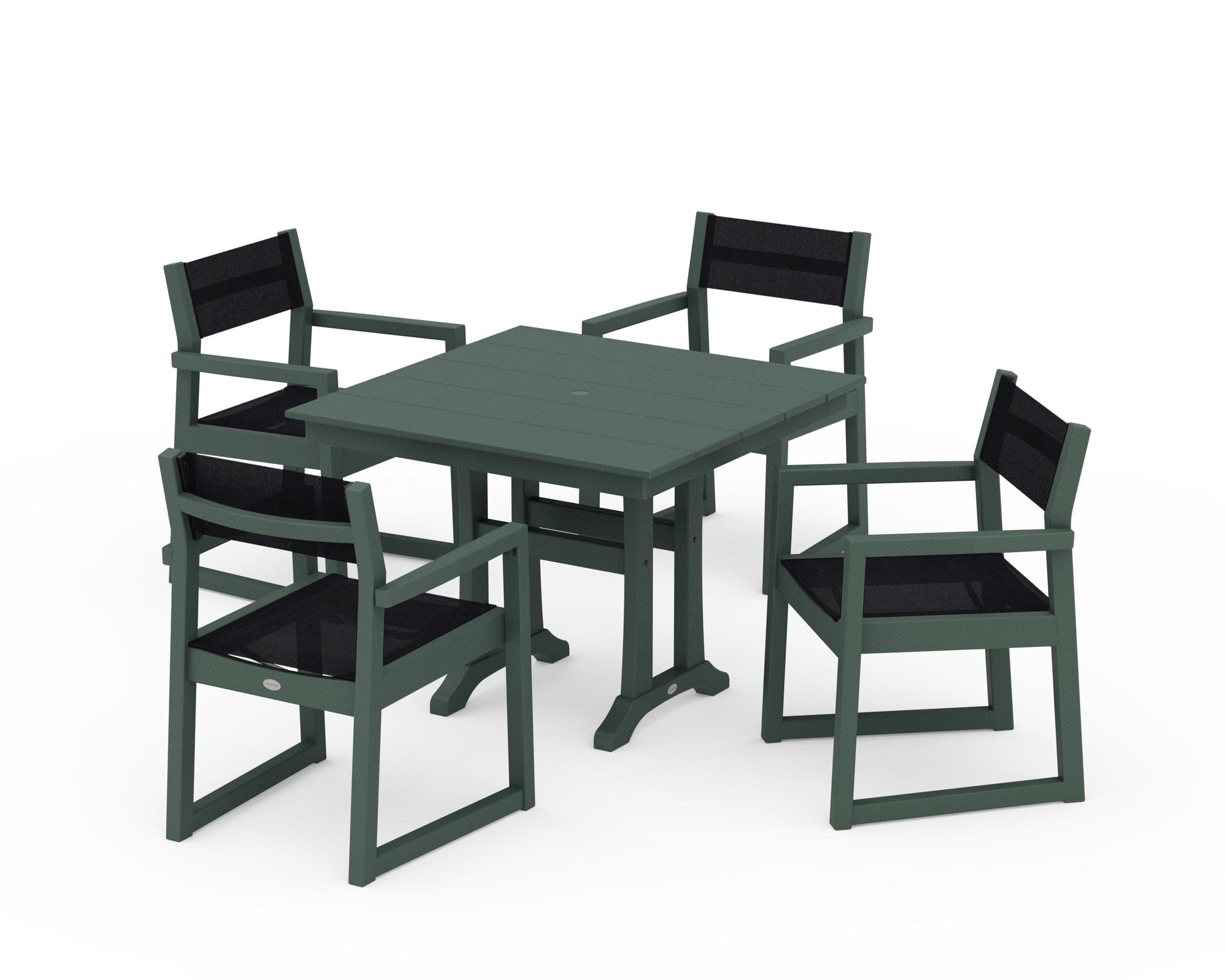 POLYWOOD EDGE Sling 5-Piece Farmhouse Dining Set with Trestle Legs — Green / Black Sling
