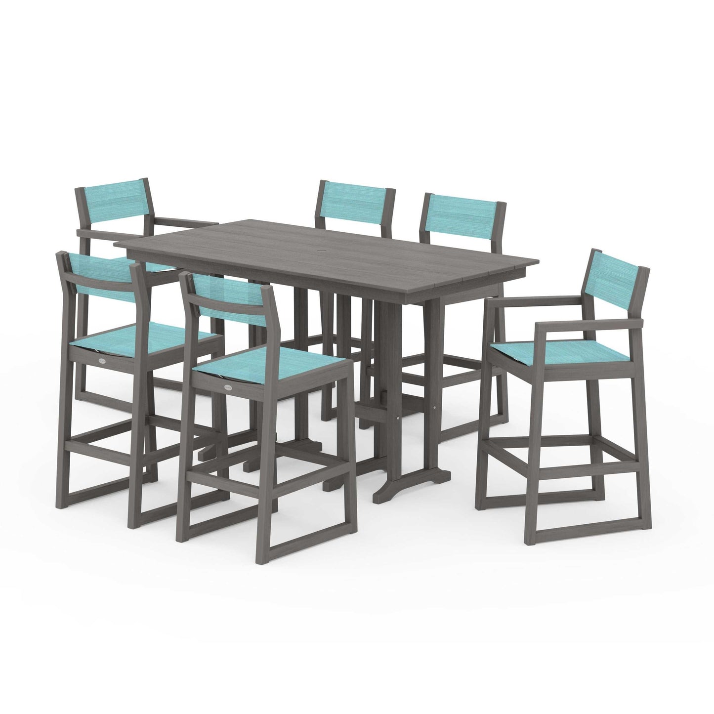 POLYWOOD EDGE Sling 7-Piece Farmhouse Bar Set — Driftwood / Dupioni Aquamarine Sling
