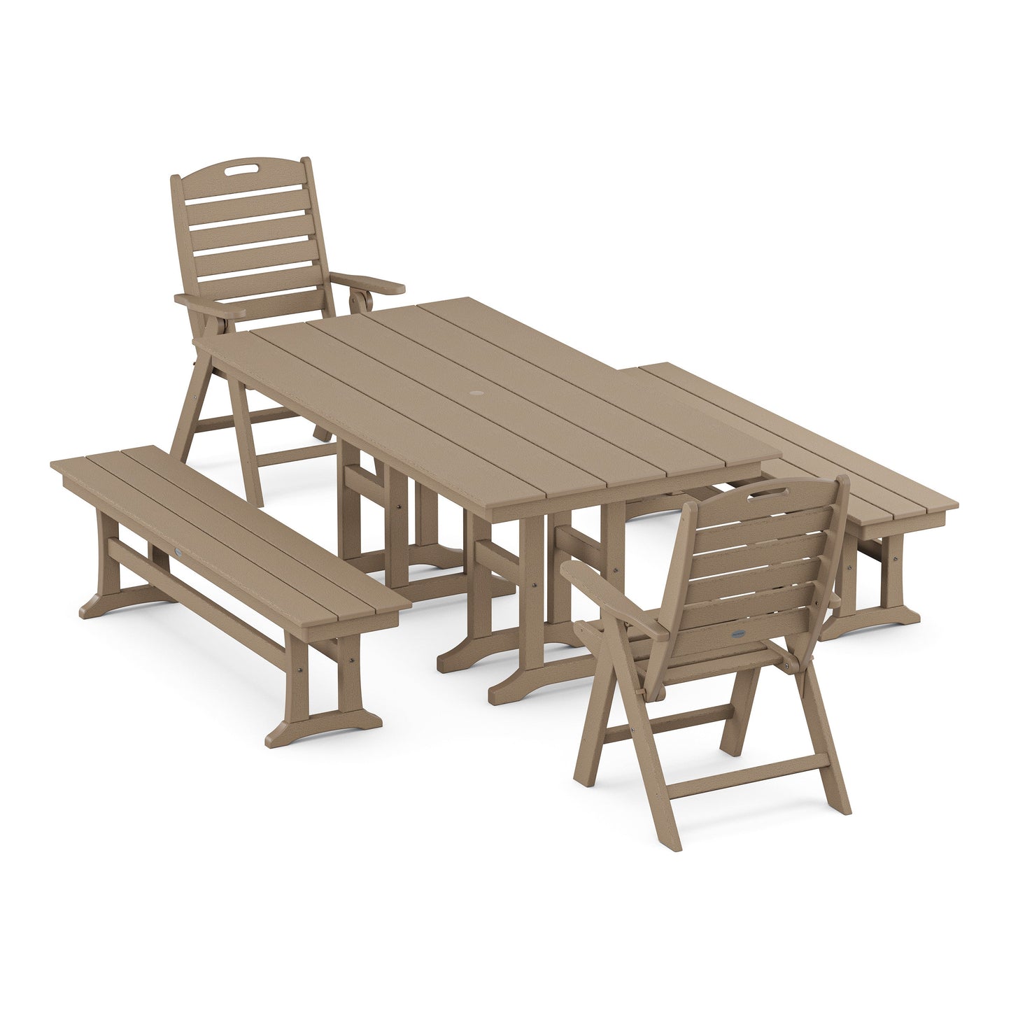 POLYWOOD Nautical Highback 5-Piece Farmhouse Dining Set with Benches — Vintage Sahara