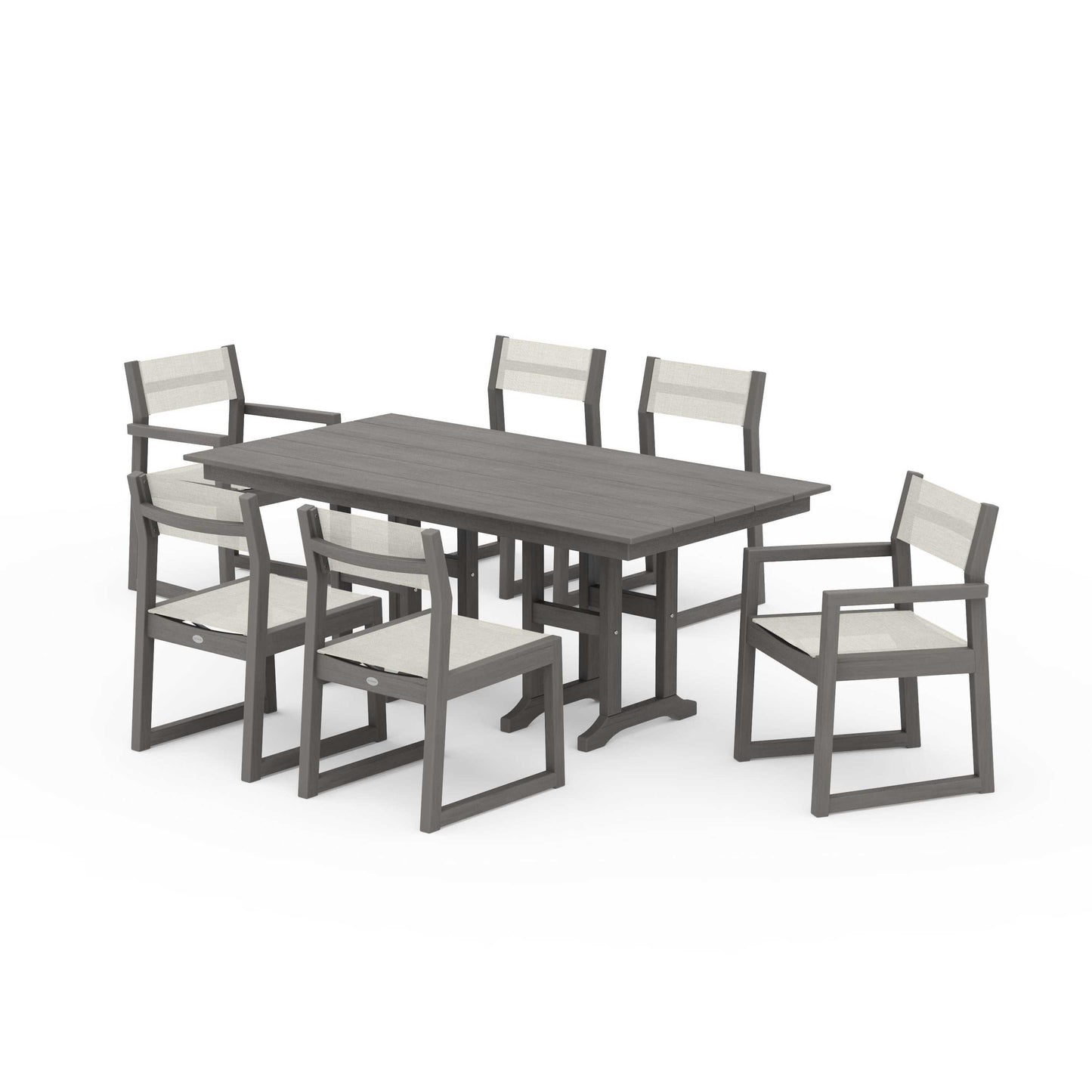 POLYWOOD EDGE Sling 7-Piece Farmhouse Dining Set — Driftwood / Parchment Sling