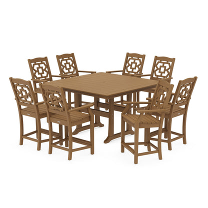 POLYWOOD Chinoiserie 9-Piece Square Counter Set with Trestle Legs — Natural