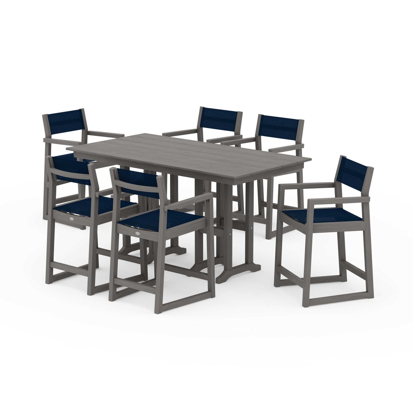 POLYWOOD EDGE Sling Arm Chair 7-Piece Farmhouse Counter Set — Driftwood / Navy Blue Sling