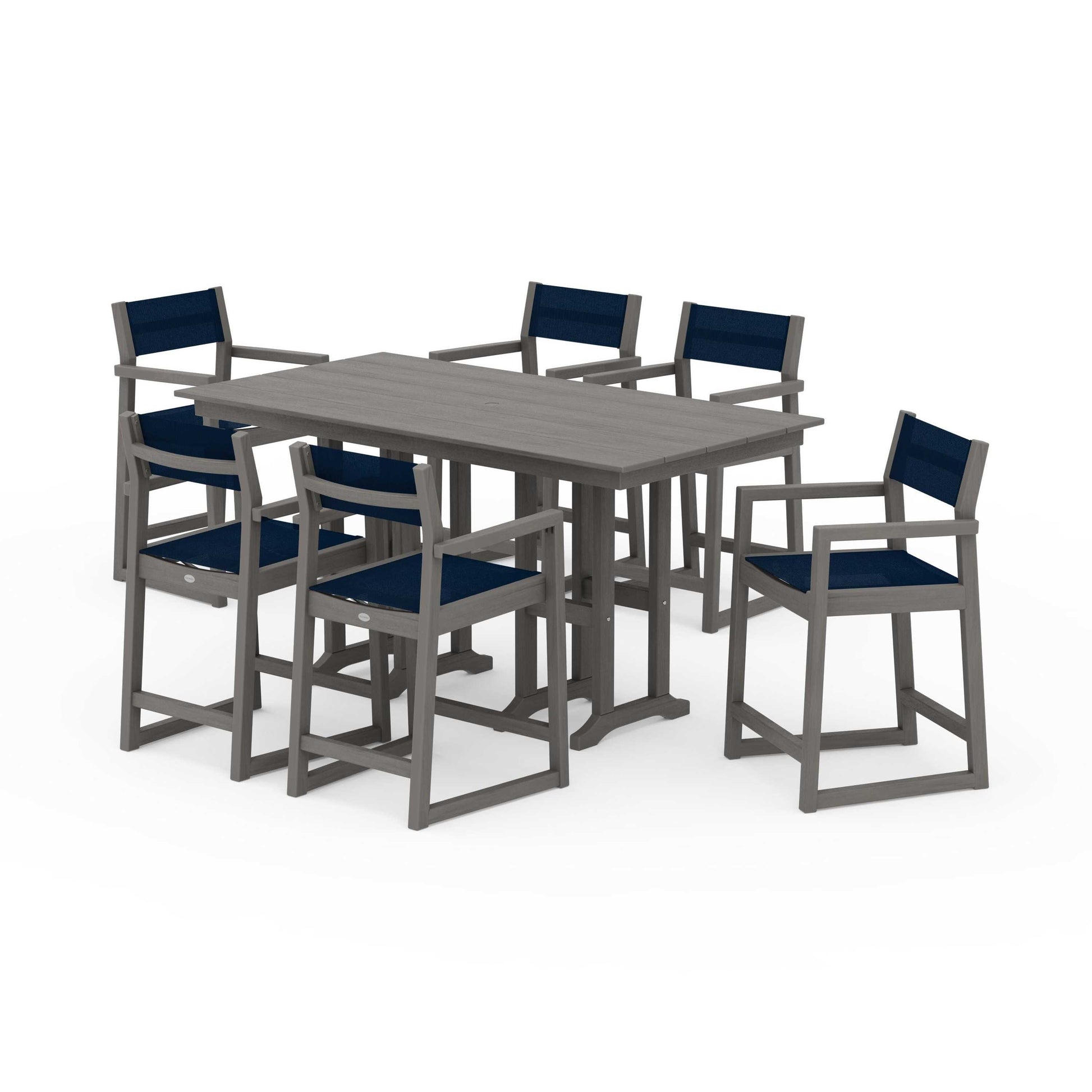 POLYWOOD EDGE Sling Arm Chair 7-Piece Farmhouse Counter Set — Driftwood / Navy Blue Sling