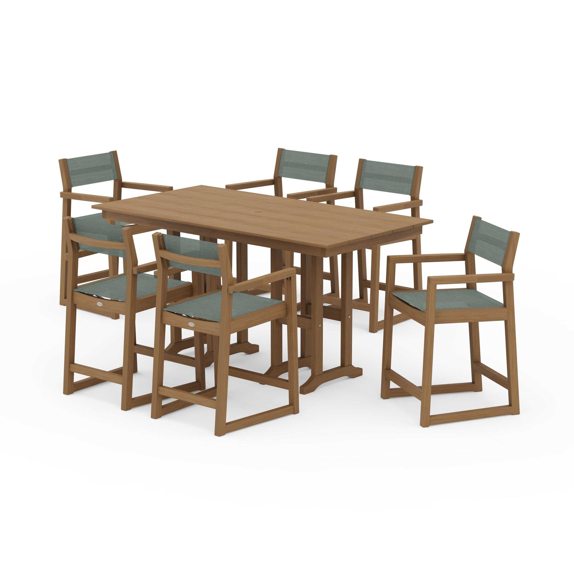 POLYWOOD EDGE Sling Arm Chair 7-Piece Farmhouse Counter Set — Natural / Dupioni Sea Mist Sling