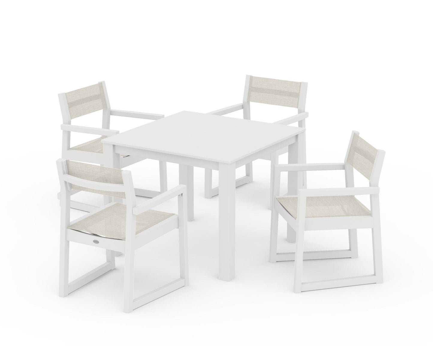 POLYWOOD EDGE Sling Arm Chair 5-Piece Parsons Dining Set — White / Parchment Sling