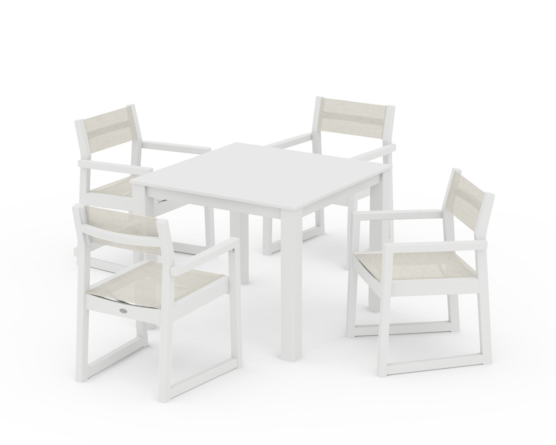 POLYWOOD EDGE Sling Arm Chair 5-Piece Parsons Dining Set — White / Parchment Sling