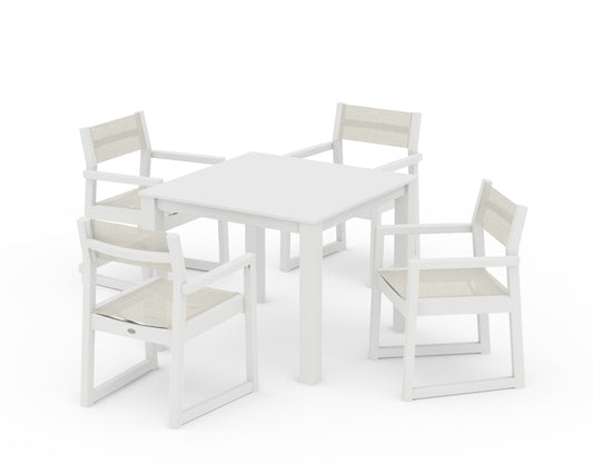 POLYWOOD EDGE Sling Arm Chair 5-Piece Parsons Dining Set — White / Parchment Sling