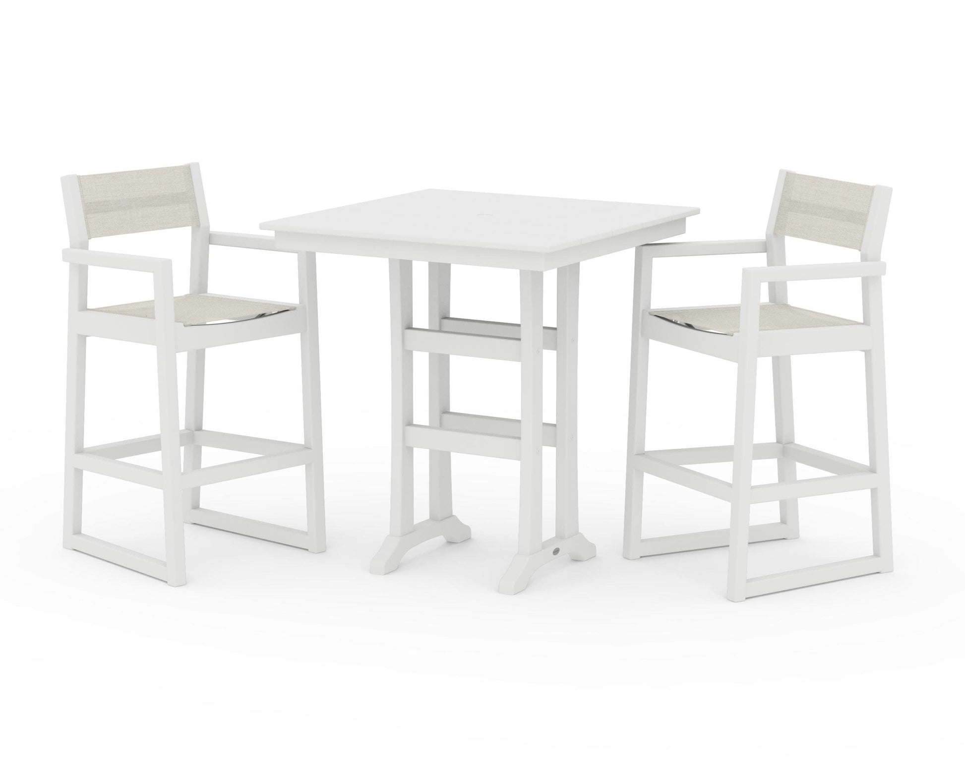 POLYWOOD EDGE Sling Arm Chair 3-Piece Farmhouse Bar Set with Trestle Legs — White / Parchment Sling