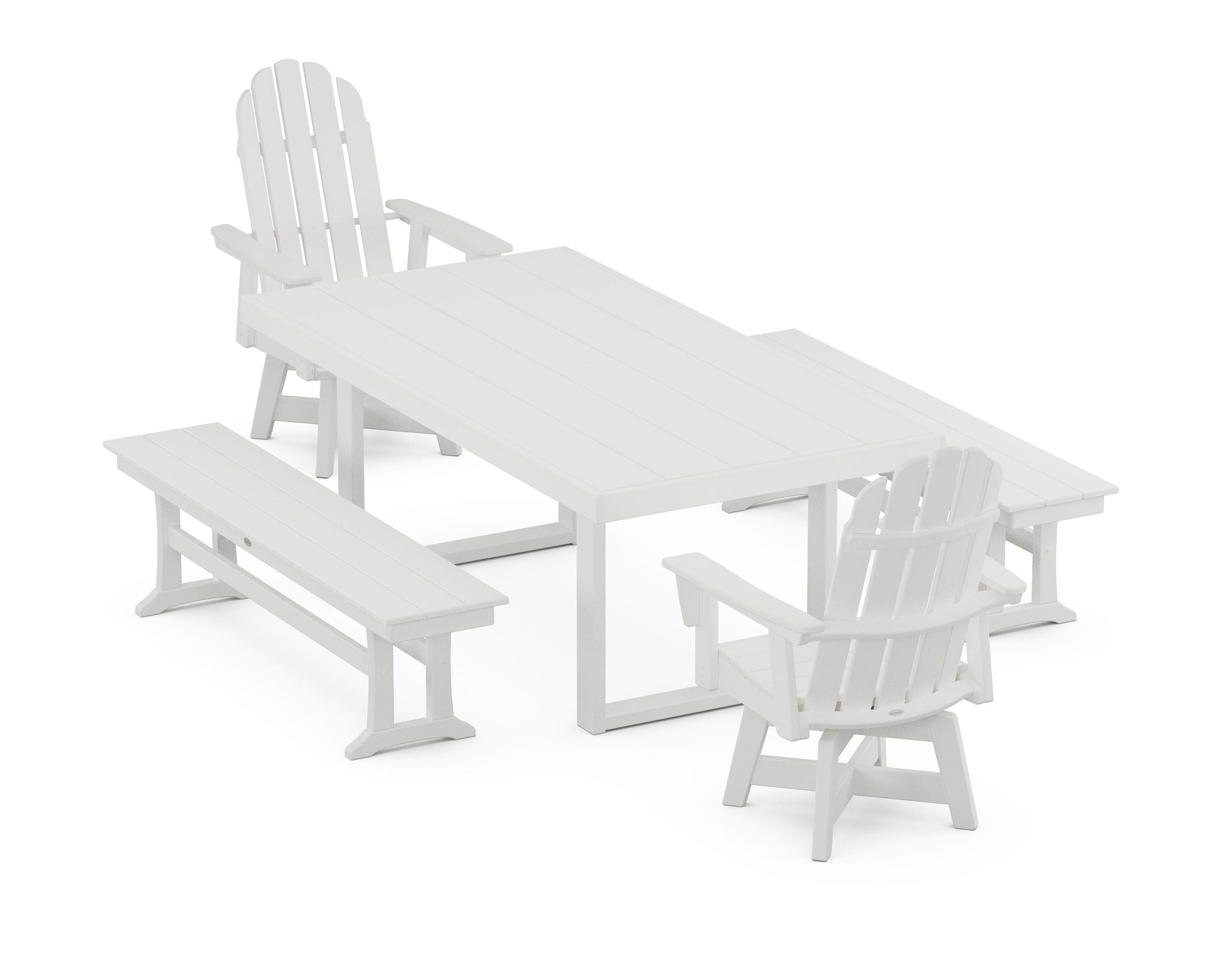 POLYWOOD Vineyard Curveback Adirondack Swivel Chair 5-Piece Dining Set with Benches — White