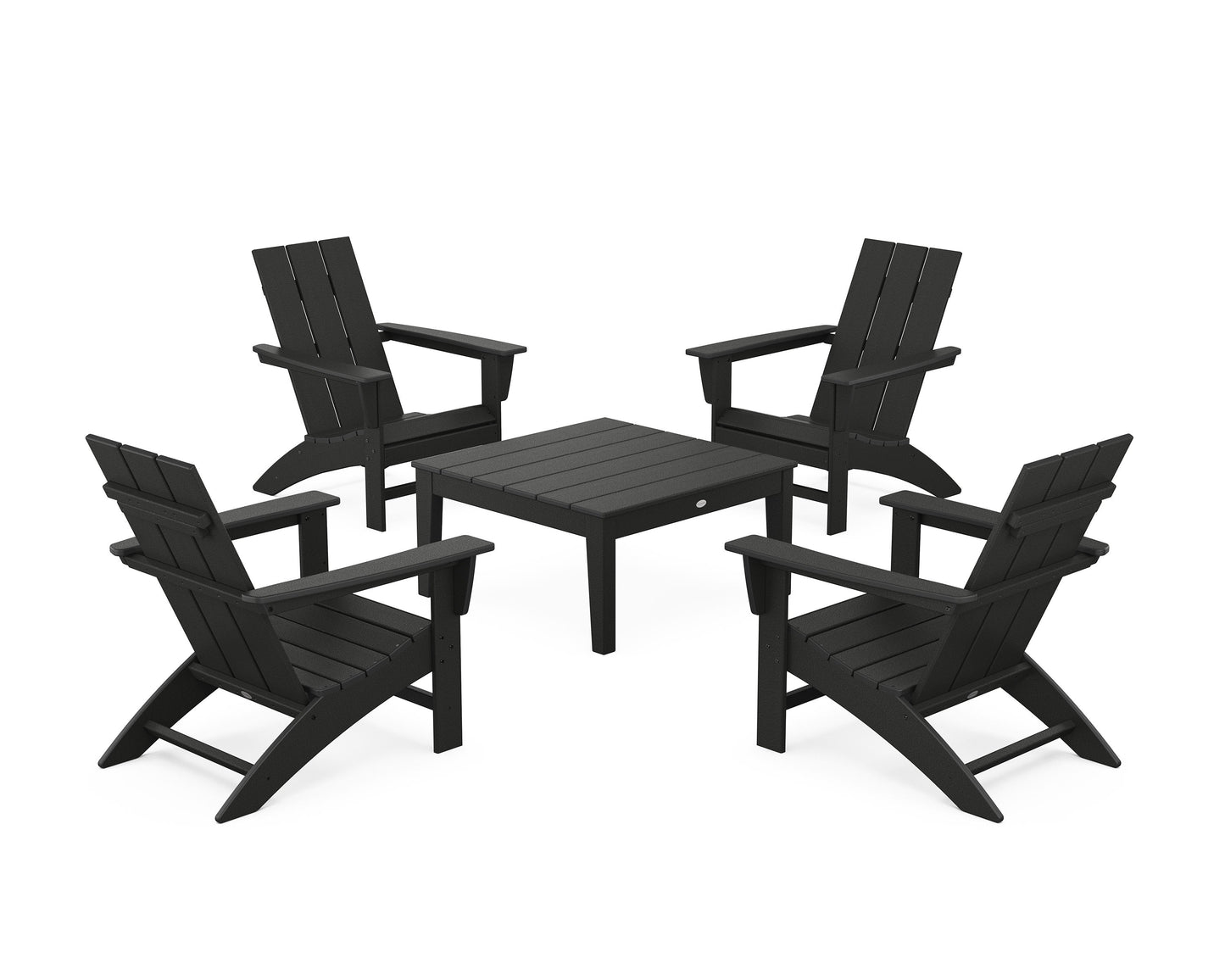 POLYWOOD 5-Piece Modern Adirondack Chair Conversation Set with 36" Conversation Table — Black