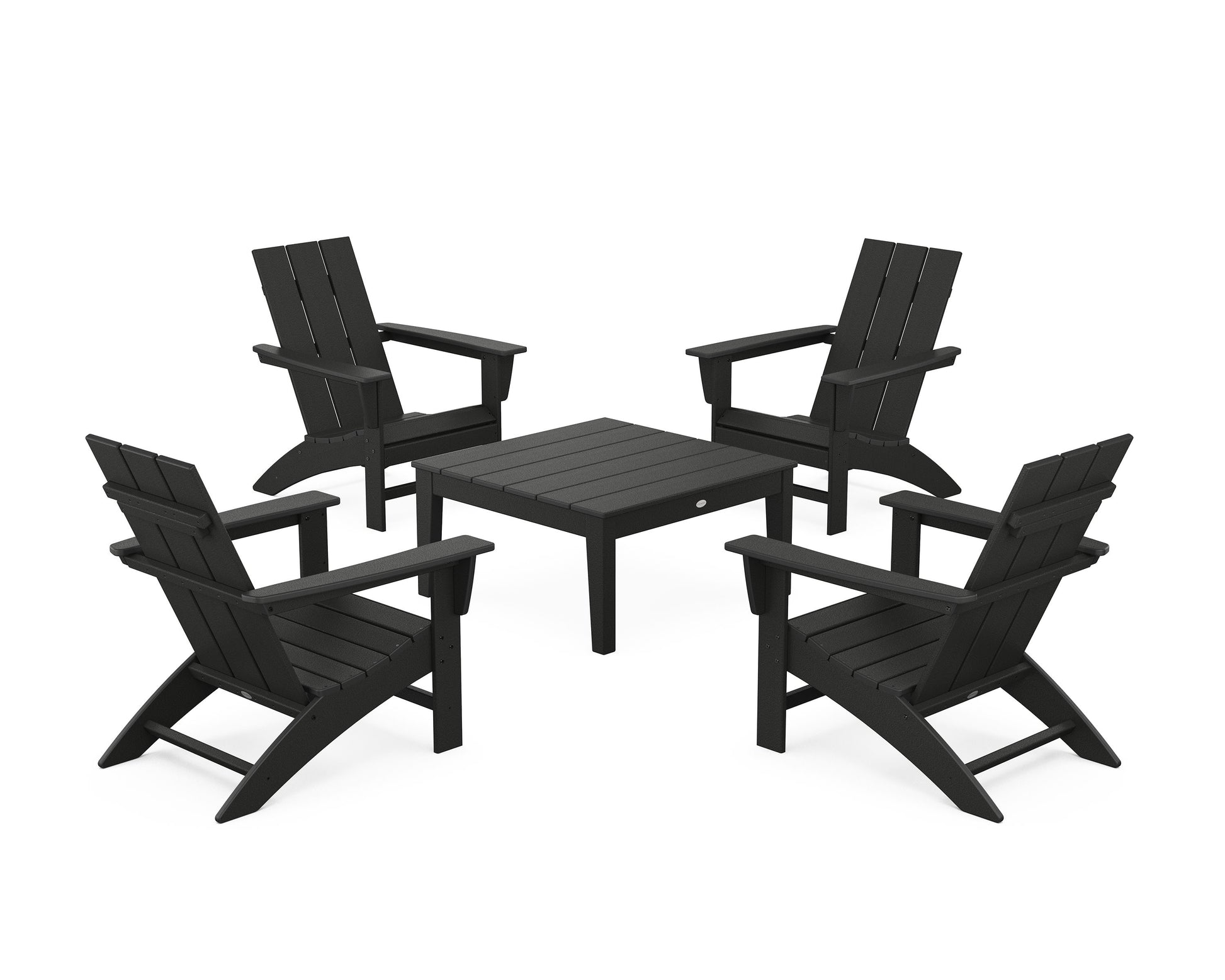 POLYWOOD 5-Piece Modern Adirondack Chair Conversation Set with 36" Conversation Table — Black