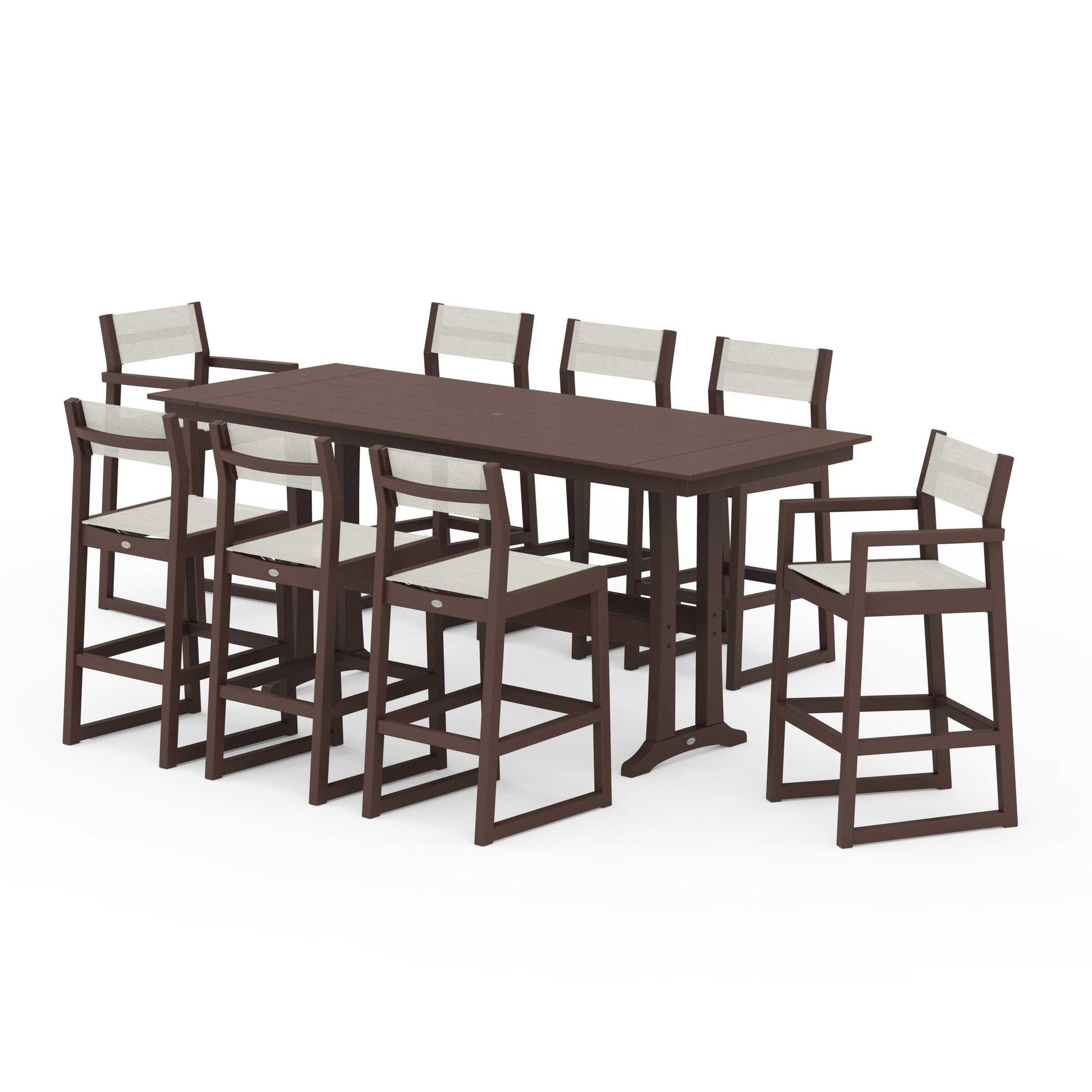 POLYWOOD EDGE Sling 9-Piece Farmhouse Bar Set with Trestle Legs — Mahogany / Parchment Sling