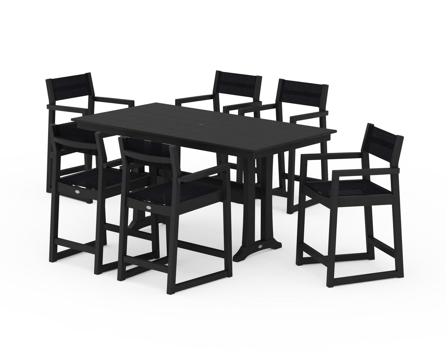 POLYWOOD EDGE Sling Arm Chair 7-Piece Farmhouse Counter Set with Trestle Legs — Black / Black Sling