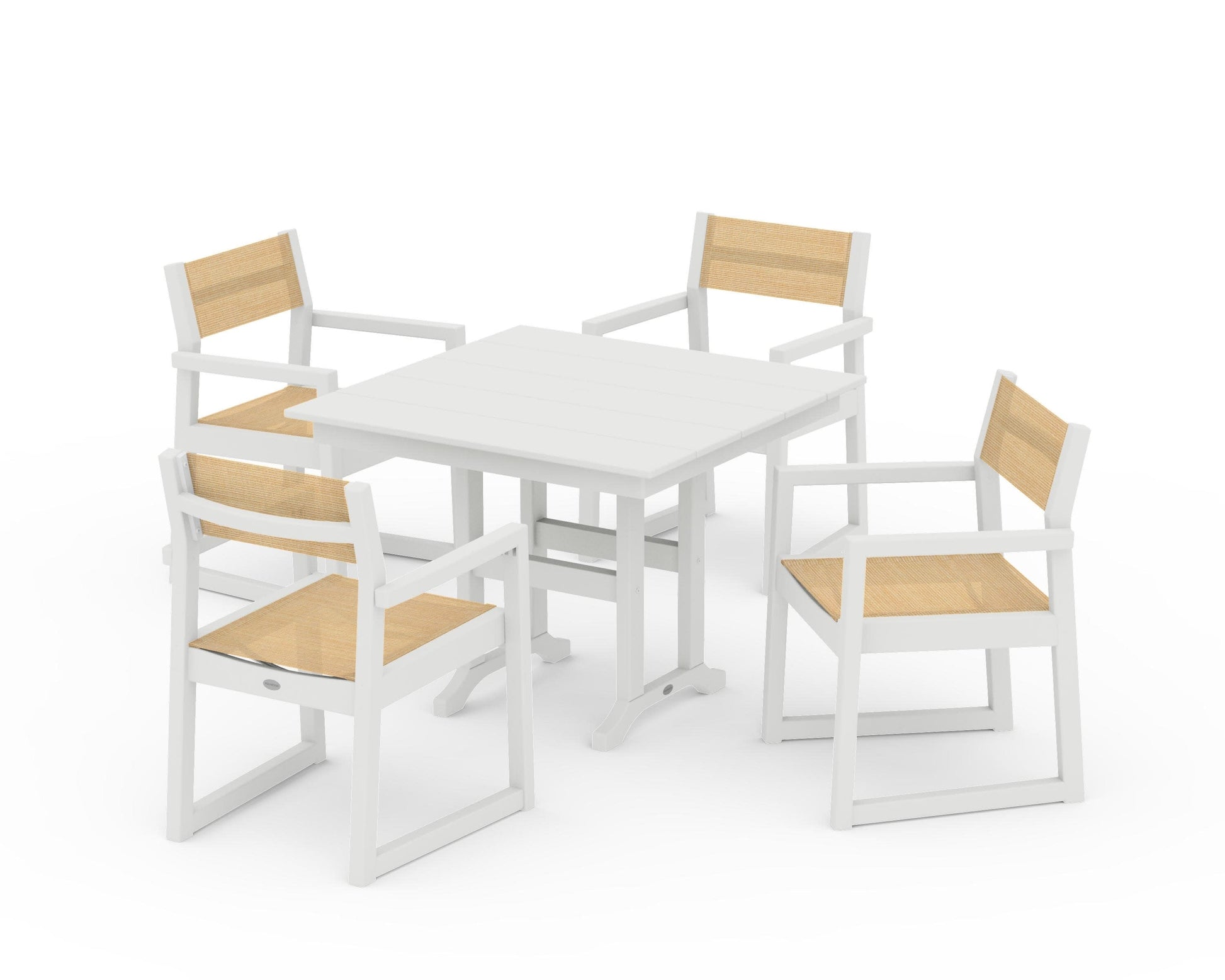 POLYWOOD EDGE Sling Arm Chair 5-Piece Farmhouse Dining Set — Vintage White / Dupioni Apricot Sling