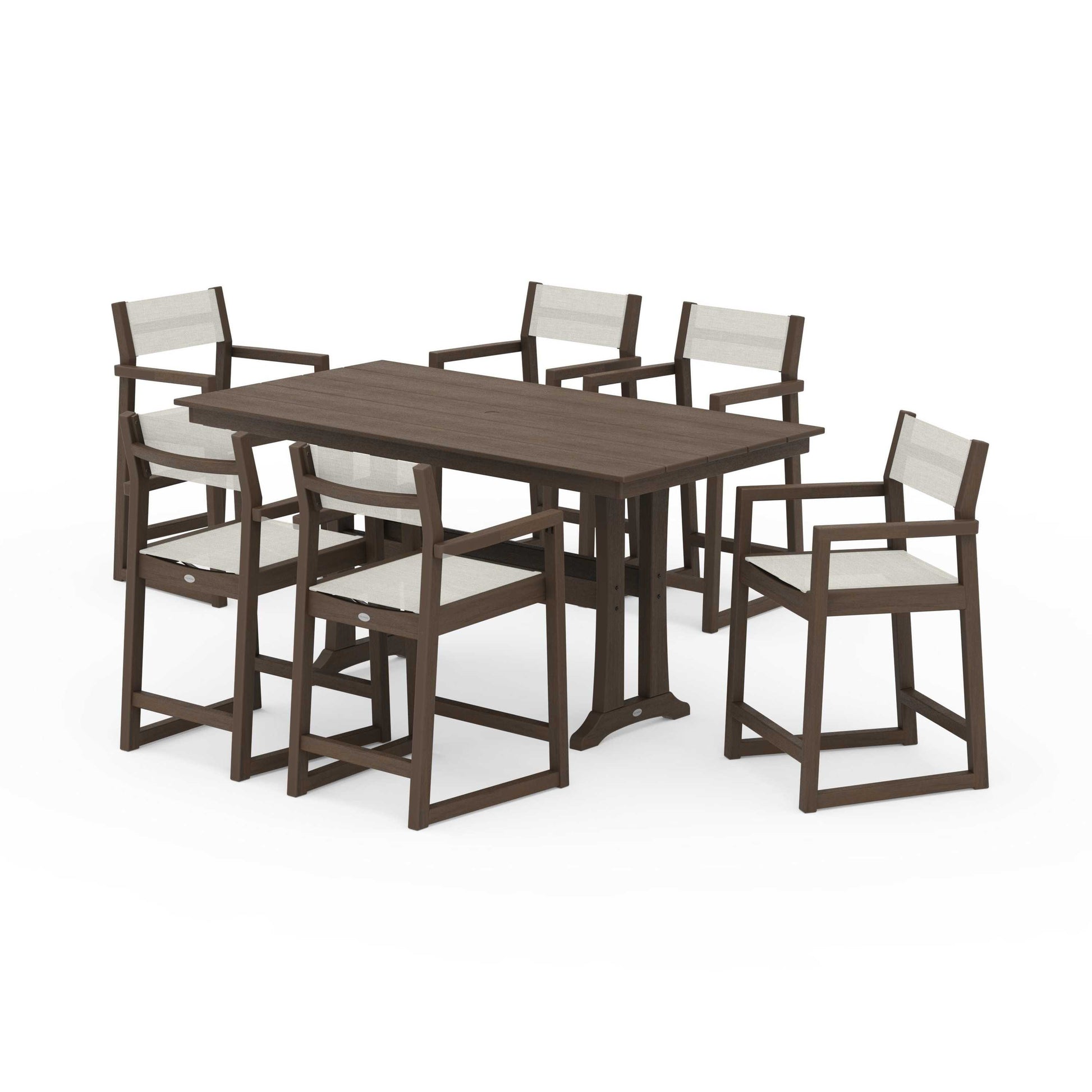 POLYWOOD EDGE Sling Arm Chair 7-Piece Farmhouse Counter Set with Trestle Legs — Kona / Parchment Sling