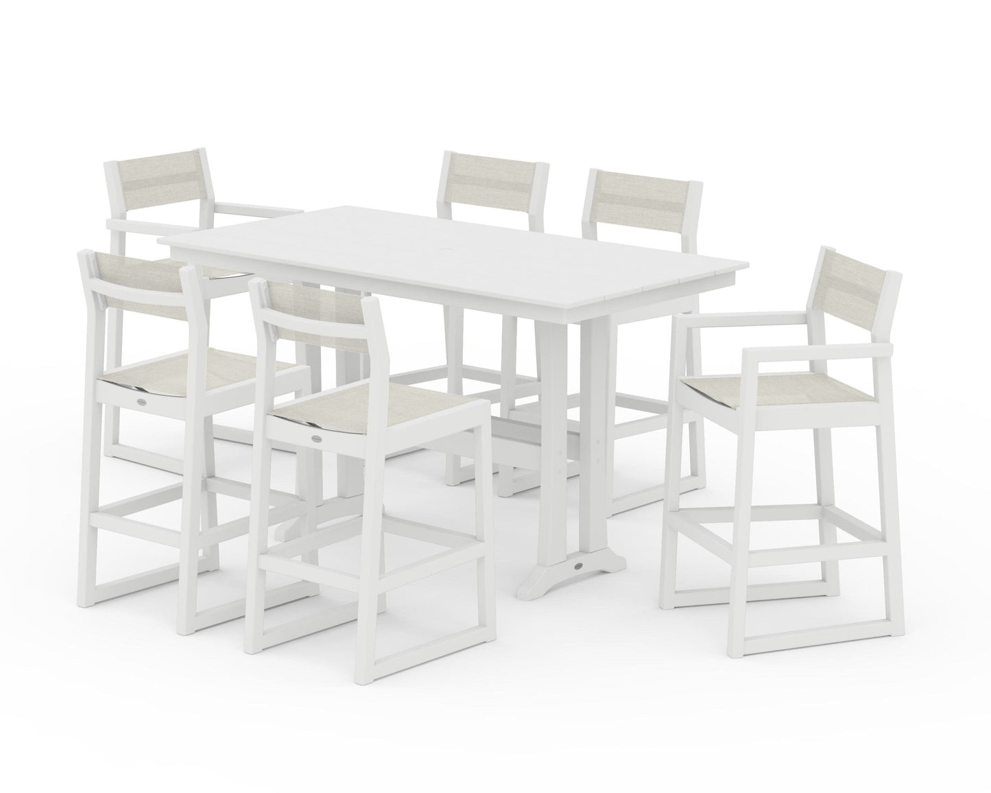 POLYWOOD EDGE Sling 7-Piece Farmhouse Bar Set with Trestle Legs — White / Parchment Sling