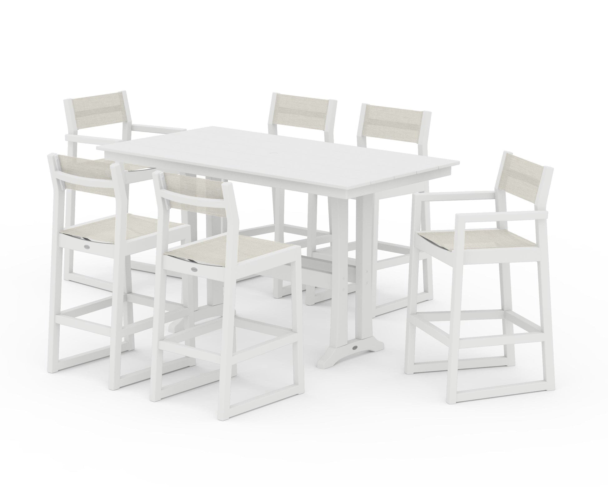 POLYWOOD EDGE Sling 7-Piece Farmhouse Bar Set with Trestle Legs — White / Parchment Sling