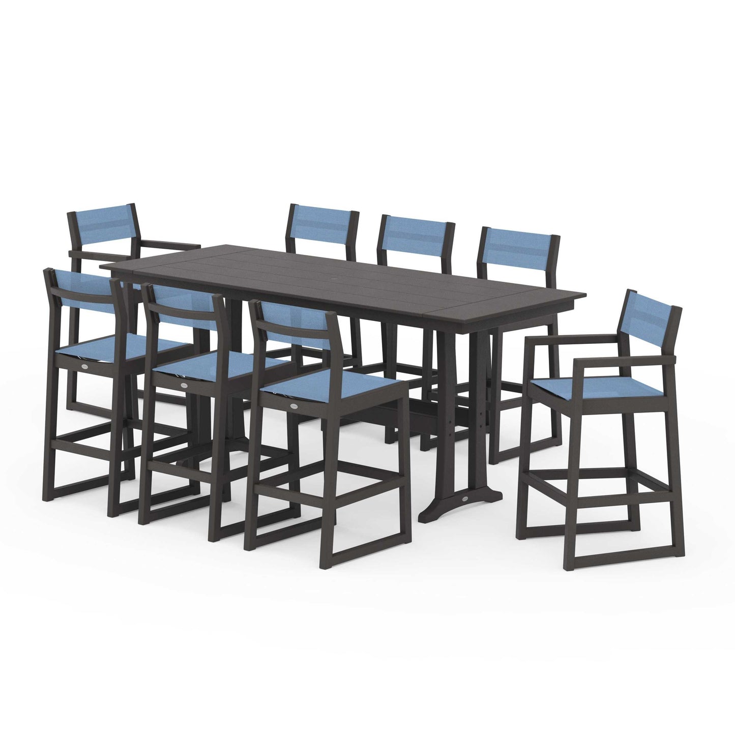 POLYWOOD EDGE Sling 9-Piece Farmhouse Bar Set with Trestle Legs — Vintage Coffee / Poolside Sling