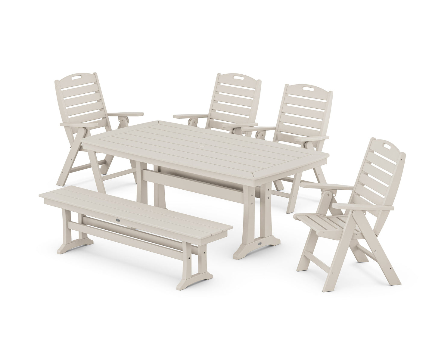 POLYWOOD Nautical Highback 6-Piece Dining Set with Trestle Legs and Bench — Sand