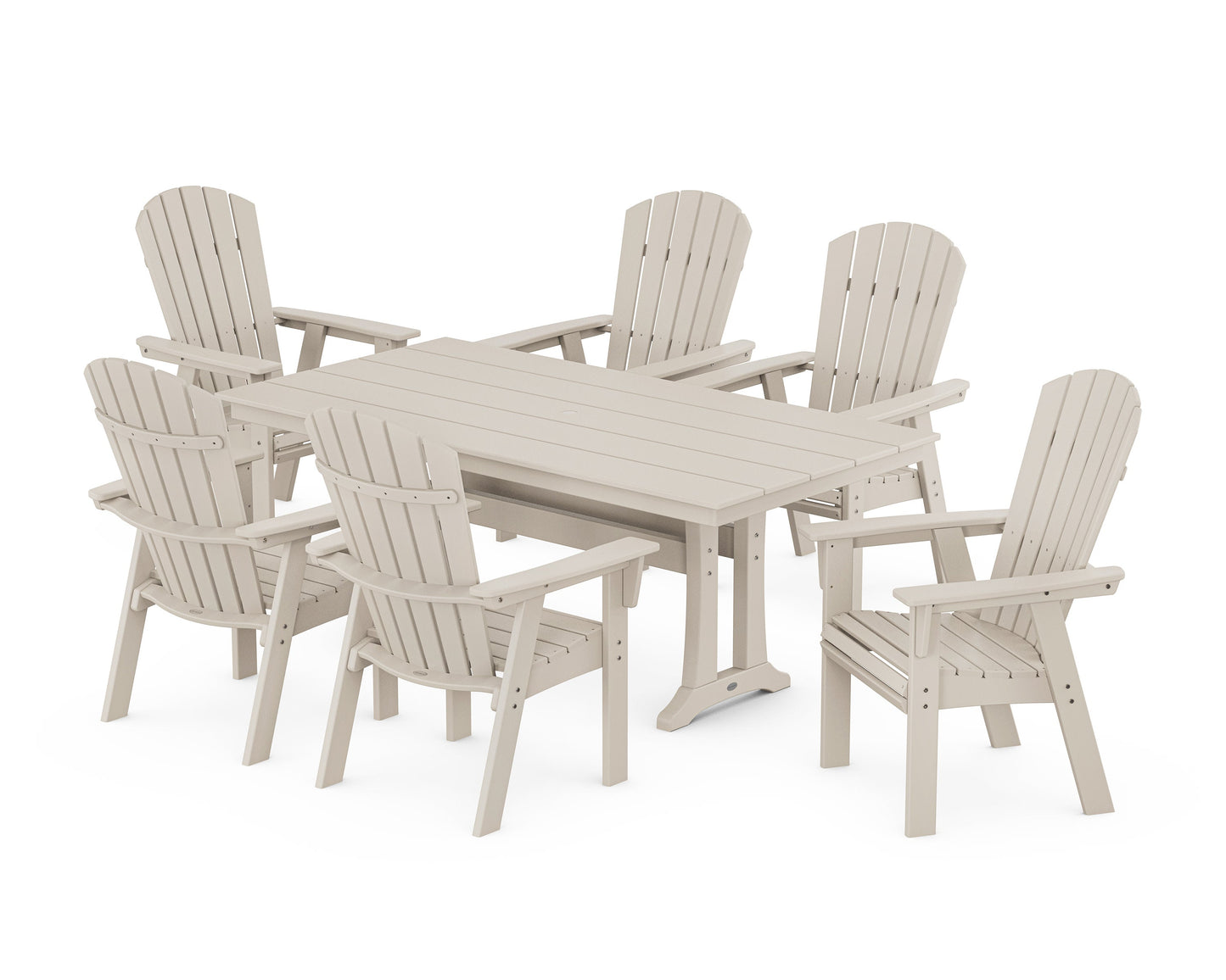 POLYWOOD Nautical Curveback Adirondack 7-Piece Farmhouse Dining Set with Trestle Legs — Sand