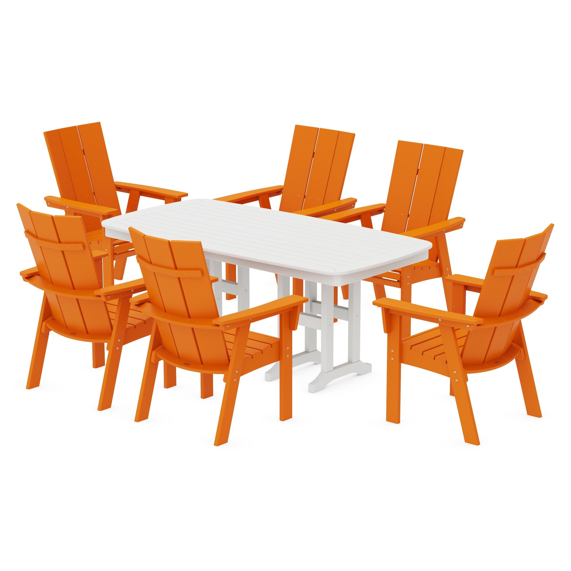 POLYWOOD Modern Curveback Adirondack 7-Piece Dining Set — Tangerine / White