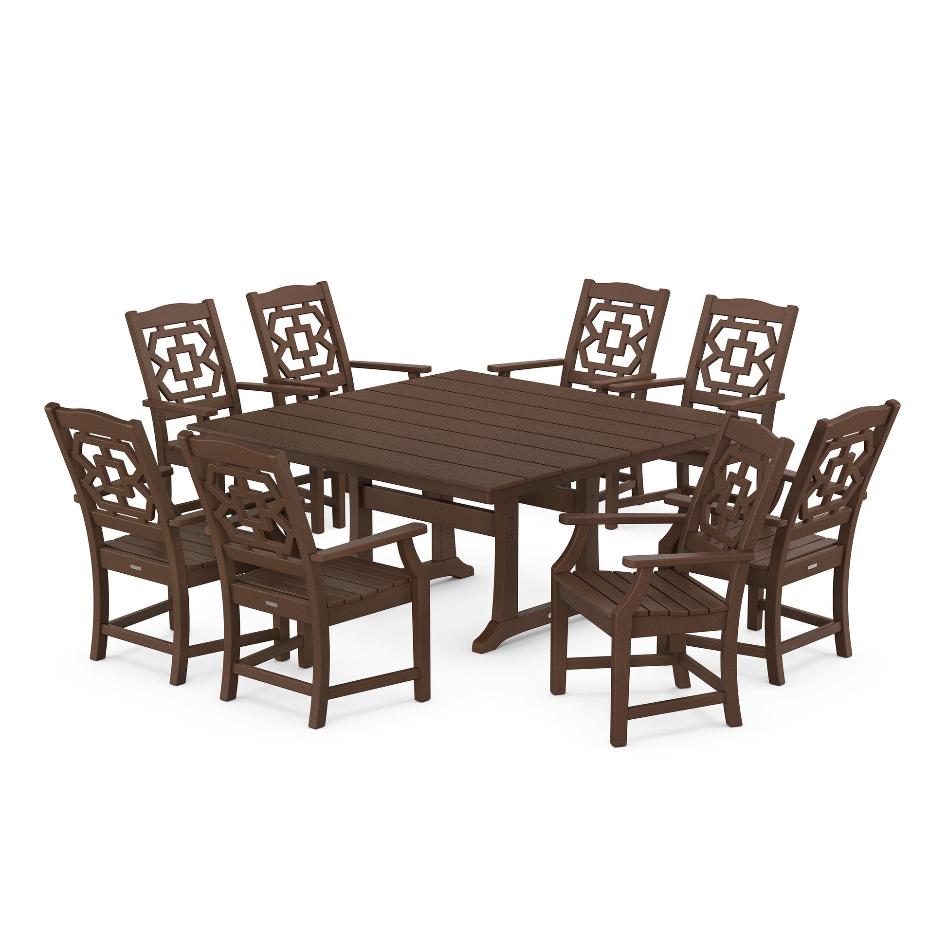 POLYWOOD Chinoiserie 9-Piece Square Farmhouse Dining Set with Trestle Legs — Mahogany