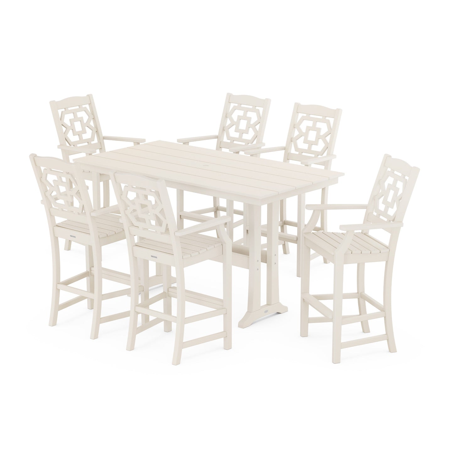 POLYWOOD Chinoiserie Arm Chair 7-Piece Farmhouse Bar Set with Trestle Legs — Sand