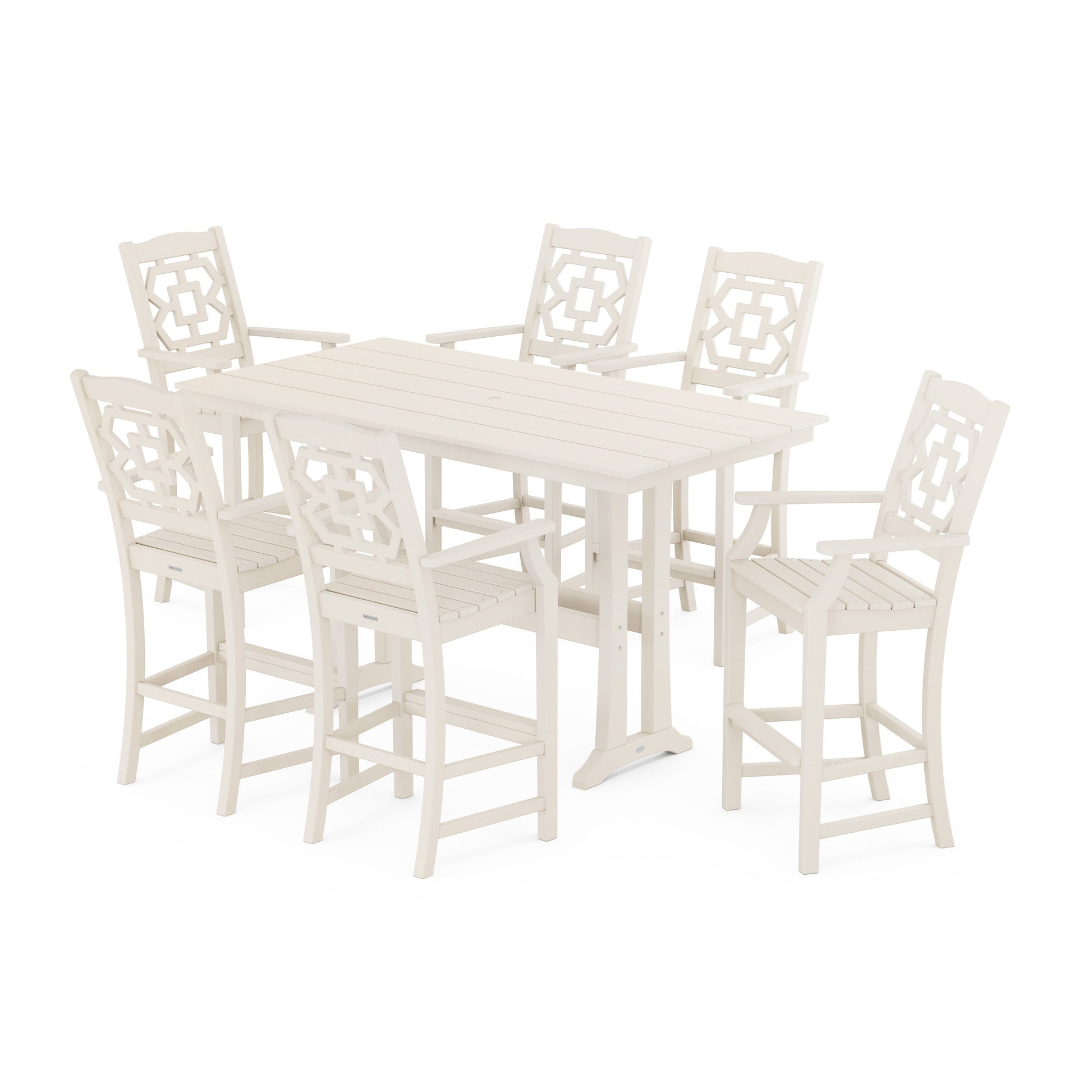 POLYWOOD Chinoiserie Arm Chair 7-Piece Farmhouse Bar Set with Trestle Legs — Sand