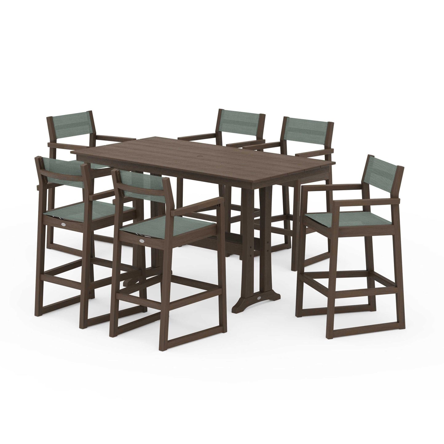 POLYWOOD EDGE Sling Arm Chair 7-Piece Farmhouse Bar Set with Trestle Legs — Kona / Dupioni Sea Mist Sling