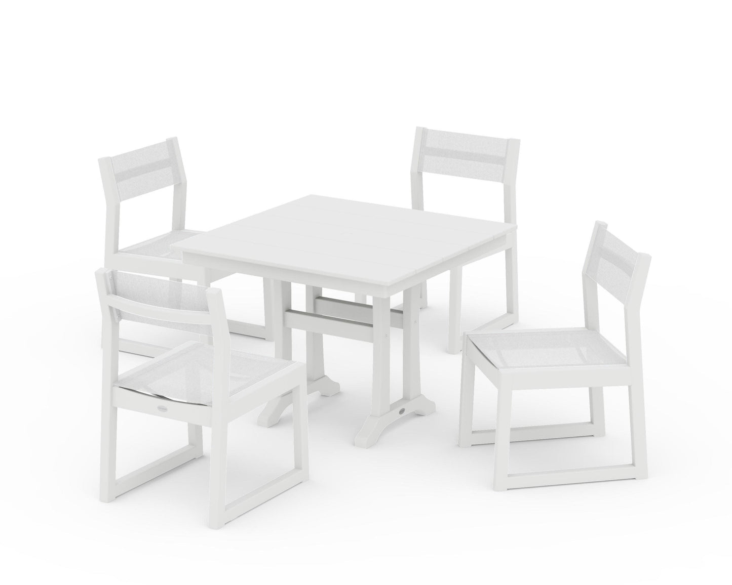 POLYWOOD EDGE Sling 5-Piece Farmhouse Trestle Side Chair Dining Set — White / White Sling