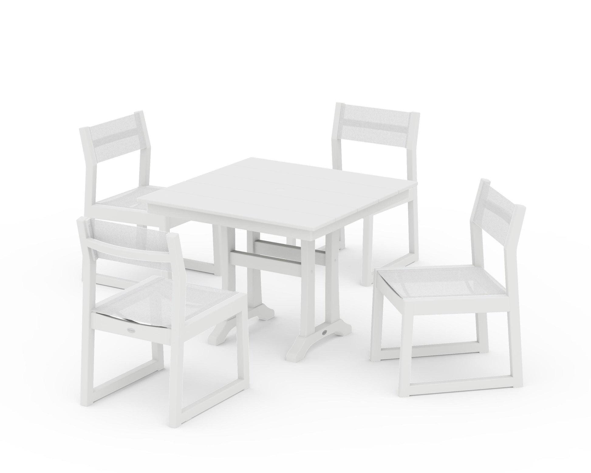 POLYWOOD EDGE Sling 5-Piece Farmhouse Trestle Side Chair Dining Set — White / White Sling