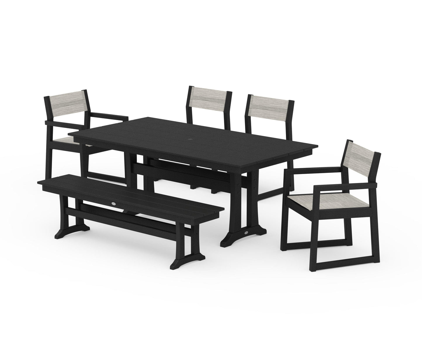 POLYWOOD EDGE Sling 6-Piece Farmhouse Dining Set With Trestle Legs — Black / Birch Sling