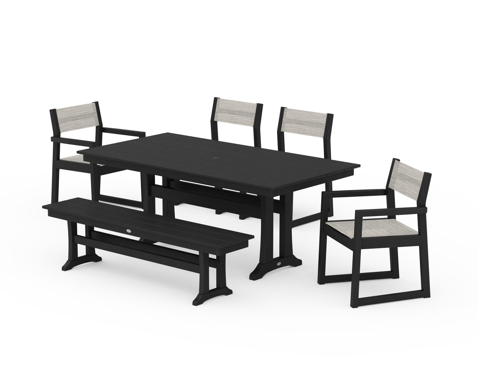 POLYWOOD EDGE Sling 6-Piece Farmhouse Dining Set With Trestle Legs — Black / Birch Sling