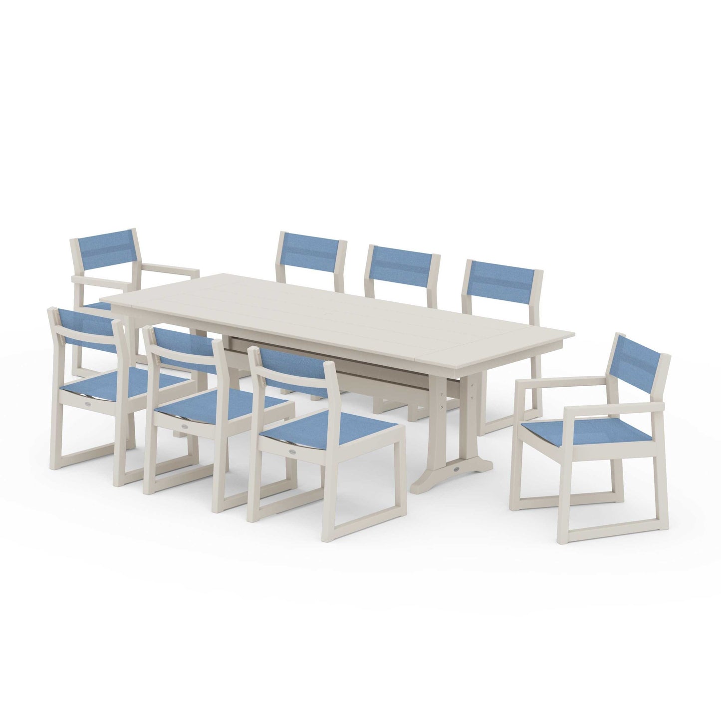 POLYWOOD EDGE Sling 9-Piece Farmhouse Trestle Dining Set — Sand / Poolside Sling