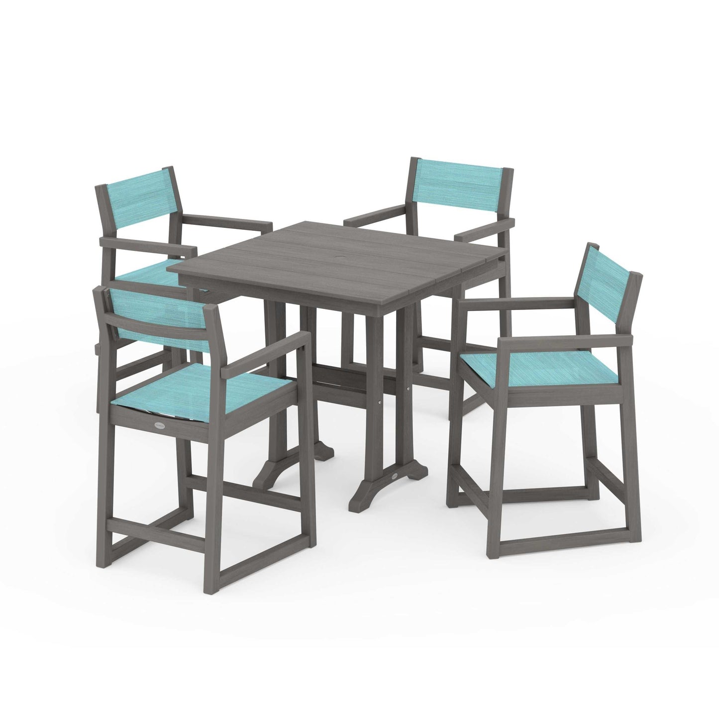 POLYWOOD EDGE Sling Arm Chair 5-Piece Farmhouse Counter Set with Trestle Legs — Driftwood / Dupioni Aquamarine Sling