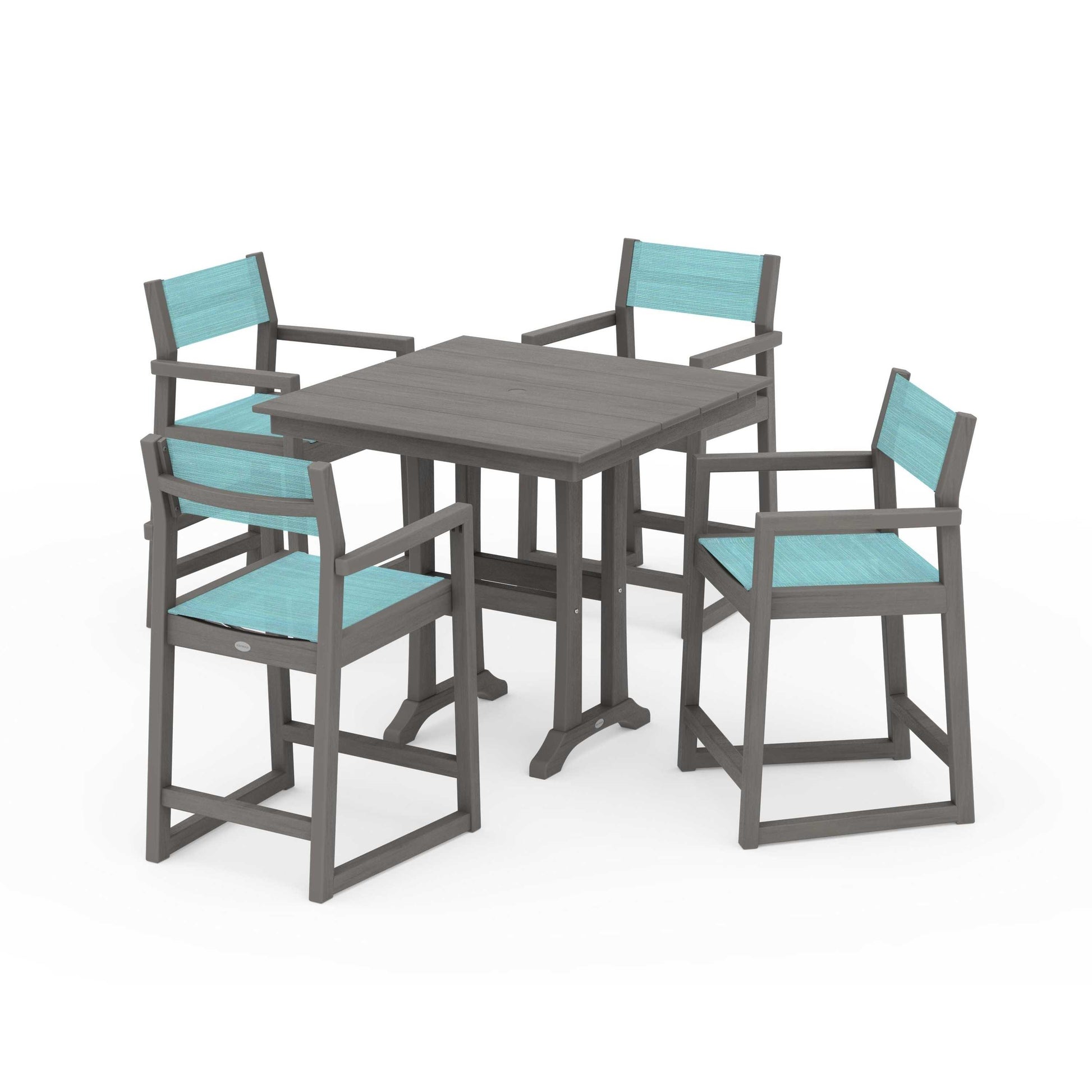 POLYWOOD EDGE Sling Arm Chair 5-Piece Farmhouse Counter Set with Trestle Legs — Driftwood / Dupioni Aquamarine Sling