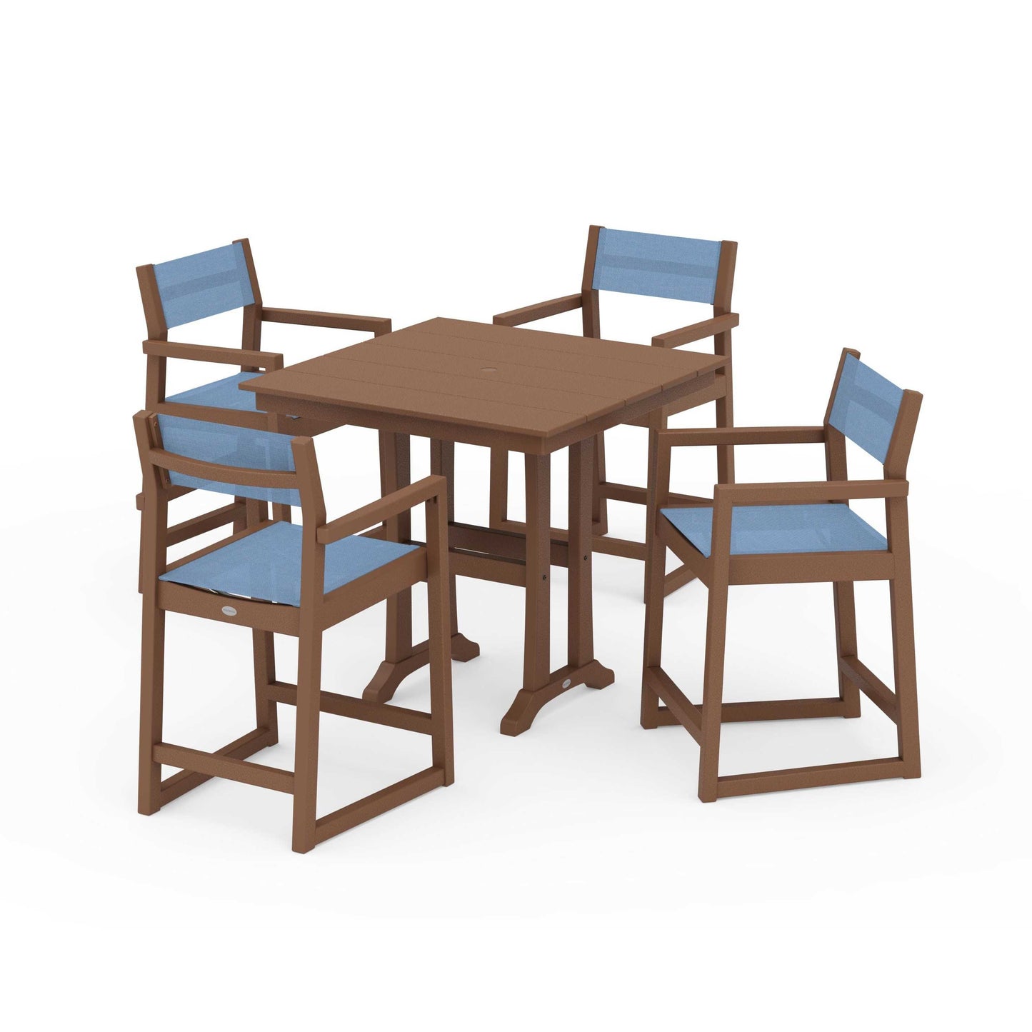 POLYWOOD EDGE Sling Arm Chair 5-Piece Farmhouse Counter Set with Trestle Legs — Teak / Poolside Sling