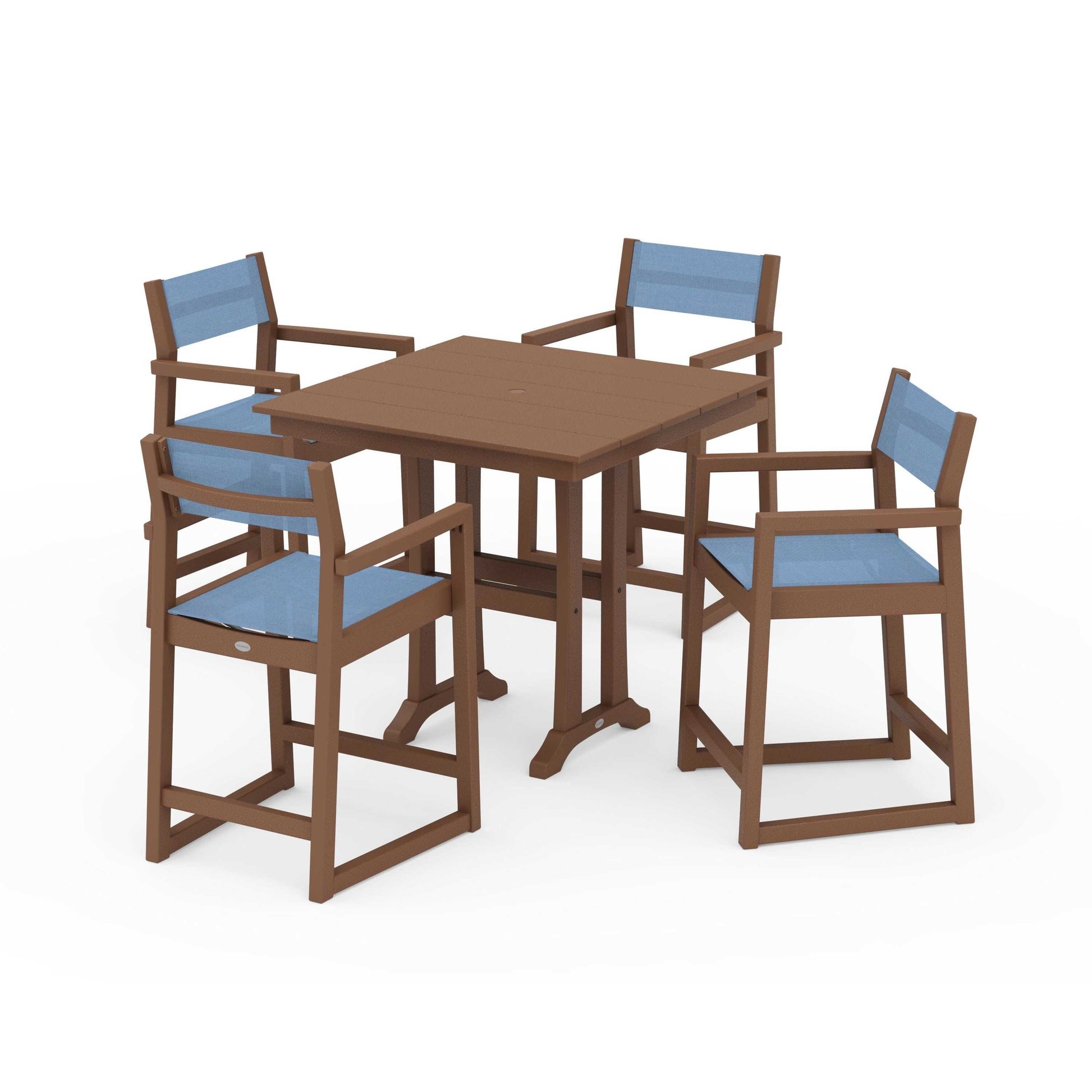 POLYWOOD EDGE Sling Arm Chair 5-Piece Farmhouse Counter Set with Trestle Legs — Teak / Poolside Sling