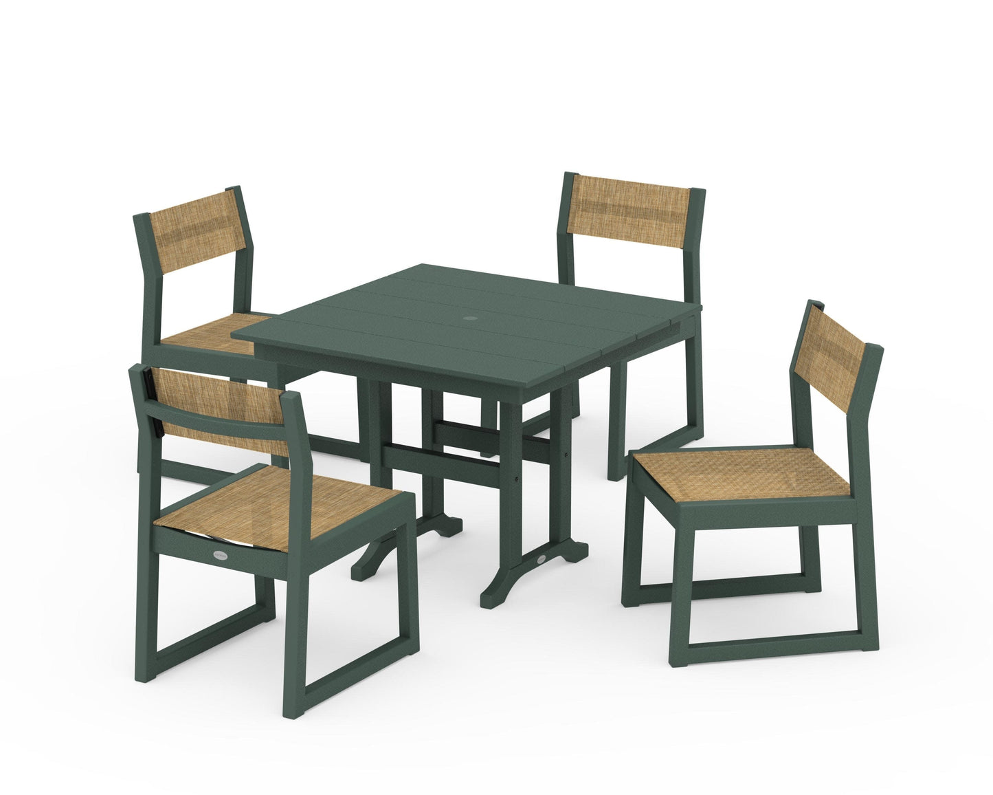POLYWOOD EDGE Sling Side Chair 5-Piece Farmhouse Dining Set — Green / Burlap Sling