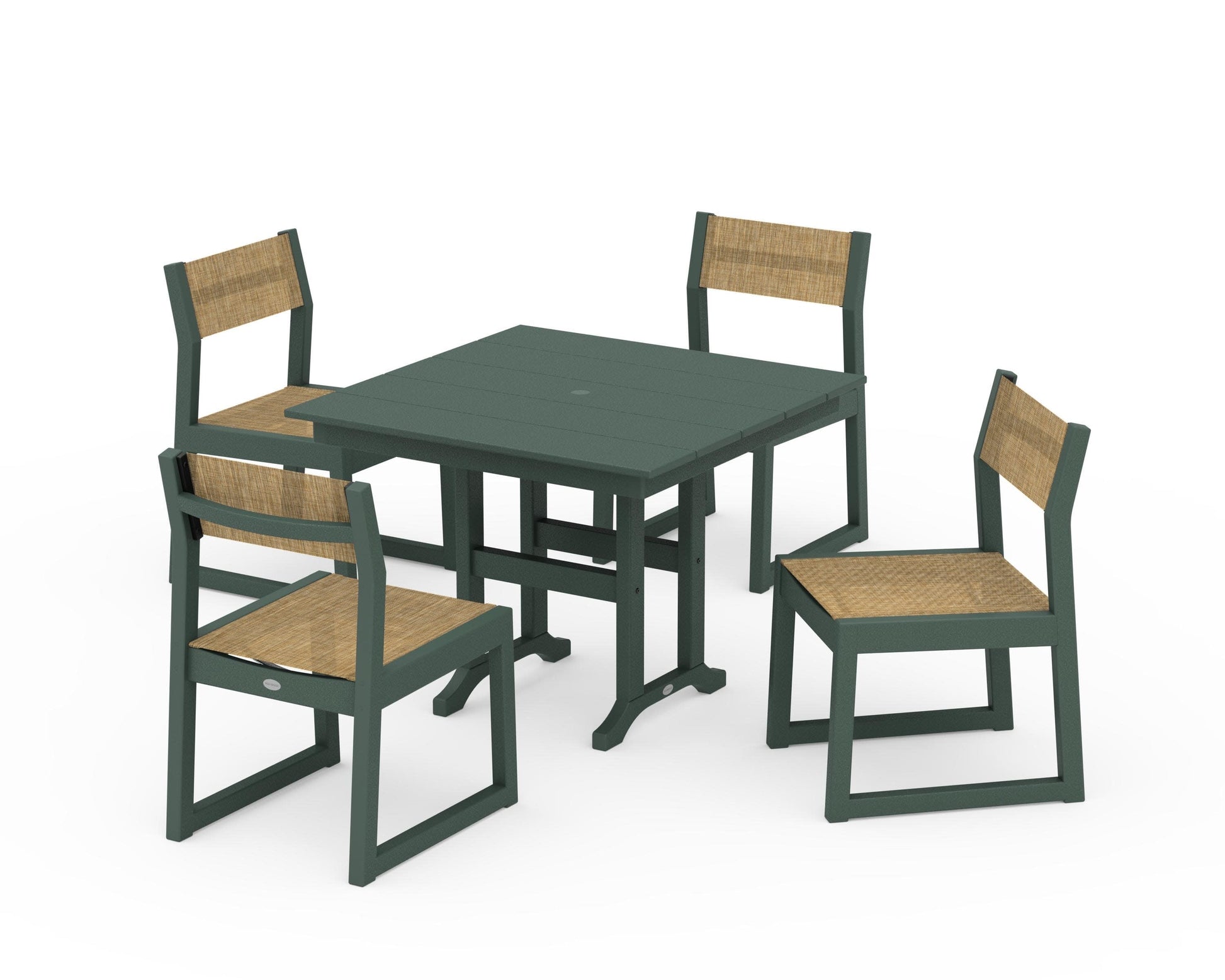 POLYWOOD EDGE Sling Side Chair 5-Piece Farmhouse Dining Set — Green / Burlap Sling