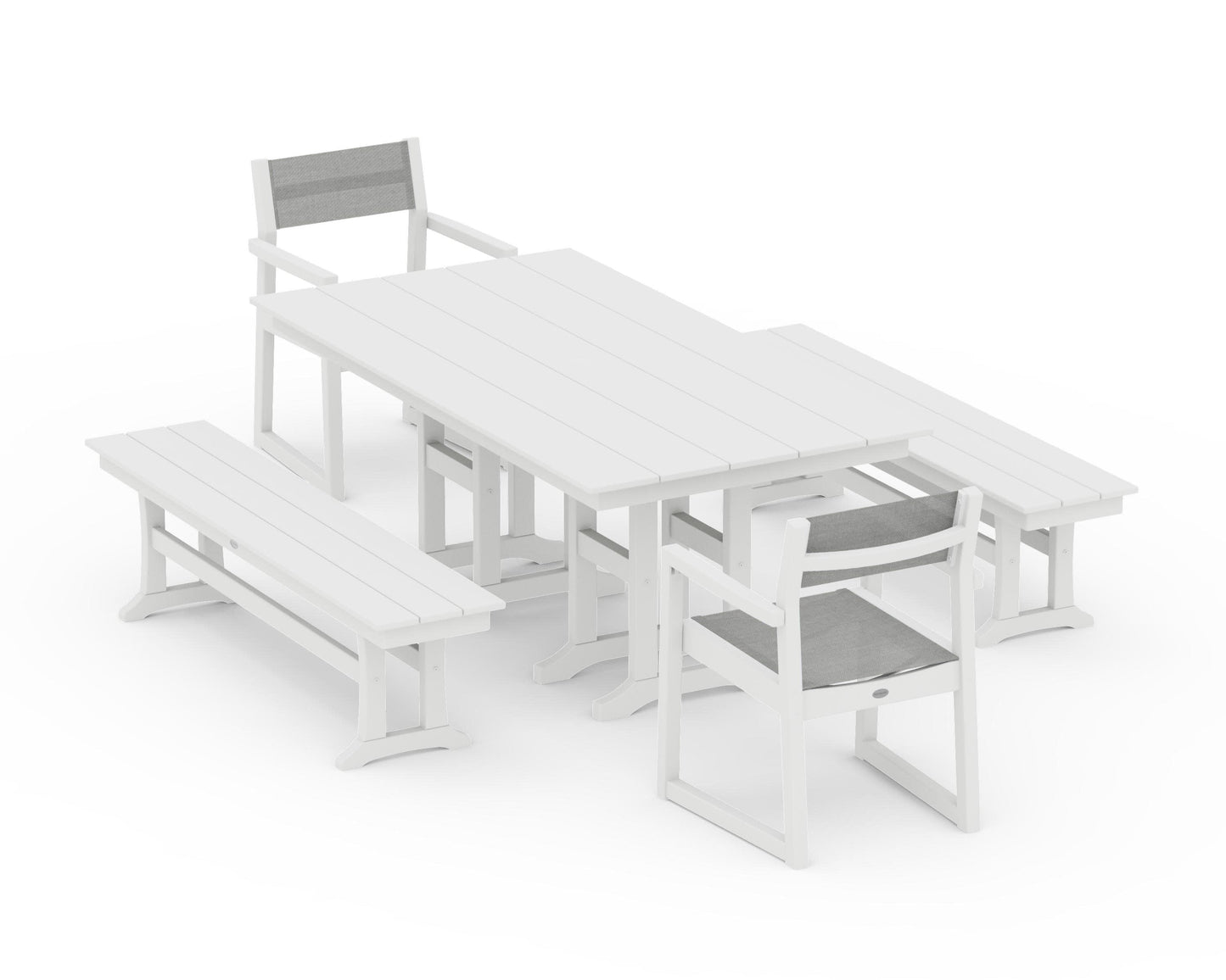 POLYWOOD EDGE Sling Arm Chair 5-Piece Farmhouse Dining Set with Benches — White / Metallic Sling