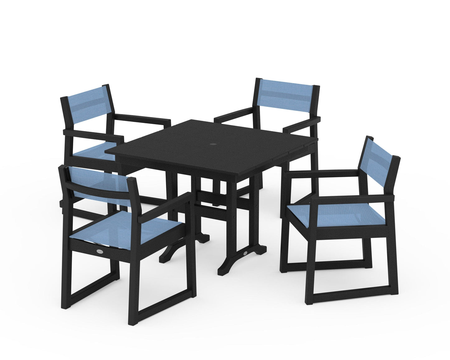 POLYWOOD EDGE Sling Arm Chair 5-Piece Farmhouse Dining Set — Black / Poolside Sling
