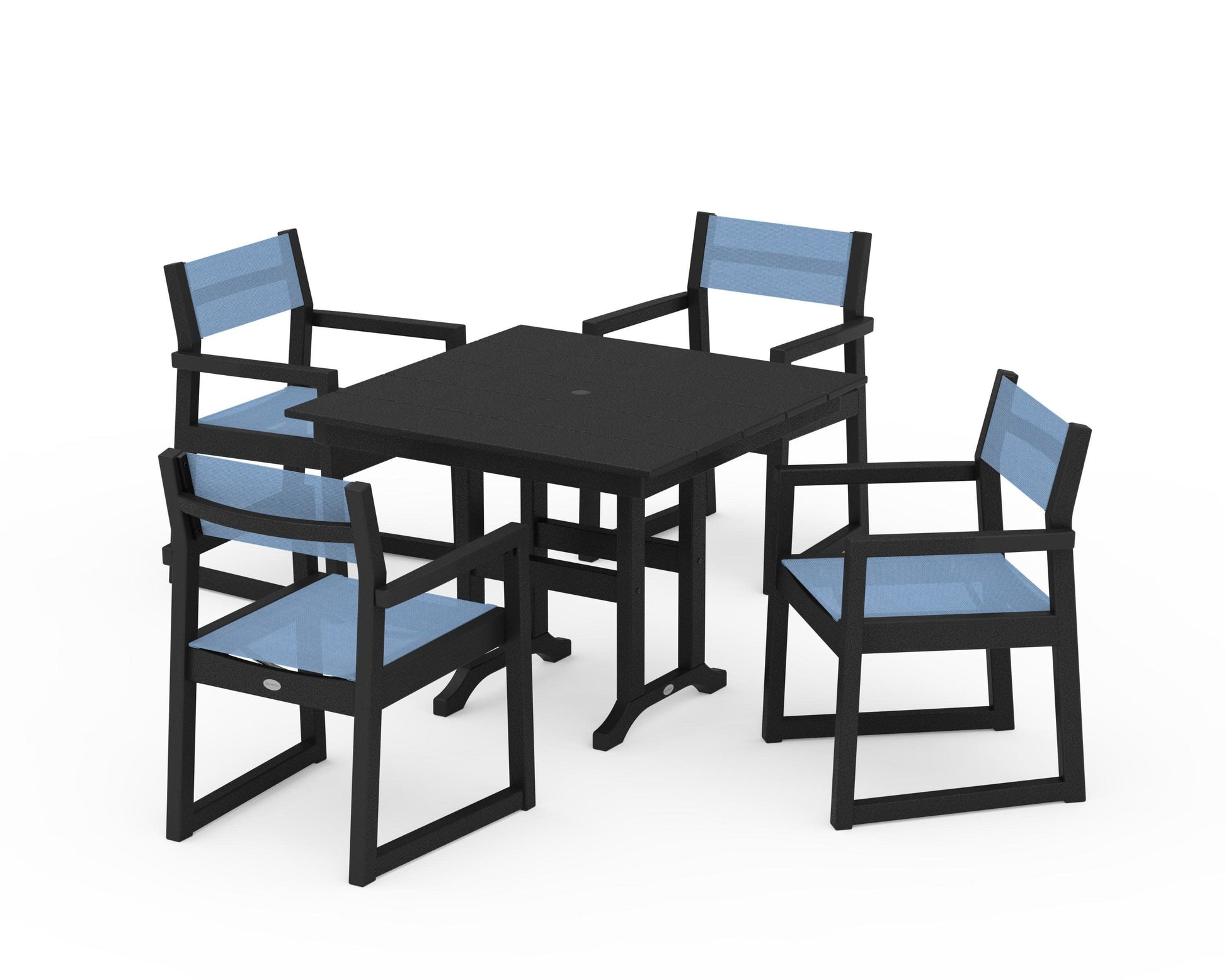 POLYWOOD EDGE Sling Arm Chair 5-Piece Farmhouse Dining Set — Black / Poolside Sling