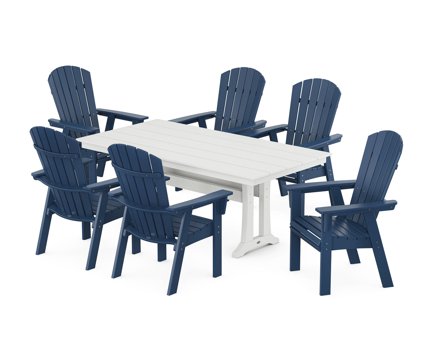POLYWOOD Nautical Curveback Adirondack 7-Piece Farmhouse Dining Set with Trestle Legs — Navy / White