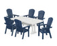 POLYWOOD Nautical Curveback Adirondack 7-Piece Farmhouse Dining Set with Trestle Legs — Navy / White