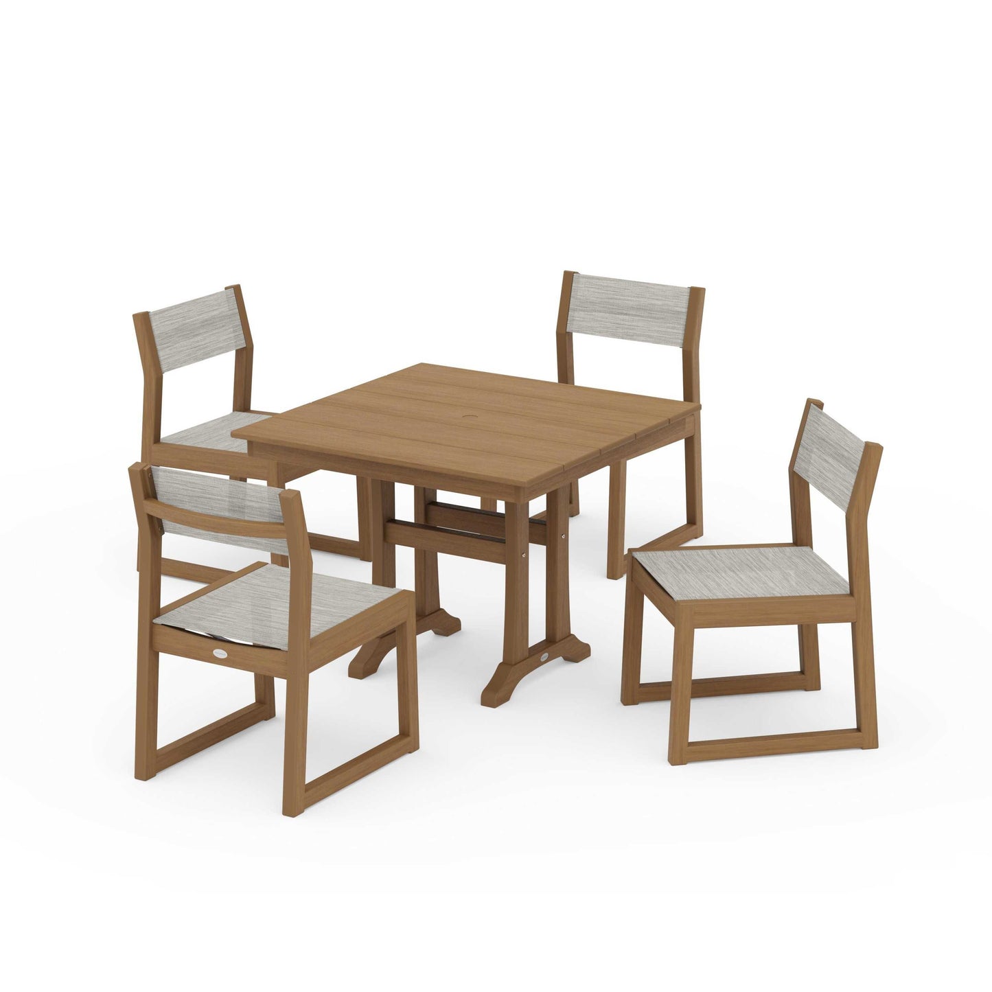 POLYWOOD EDGE Sling 5-Piece Farmhouse Trestle Side Chair Dining Set — Natural / Birch Sling